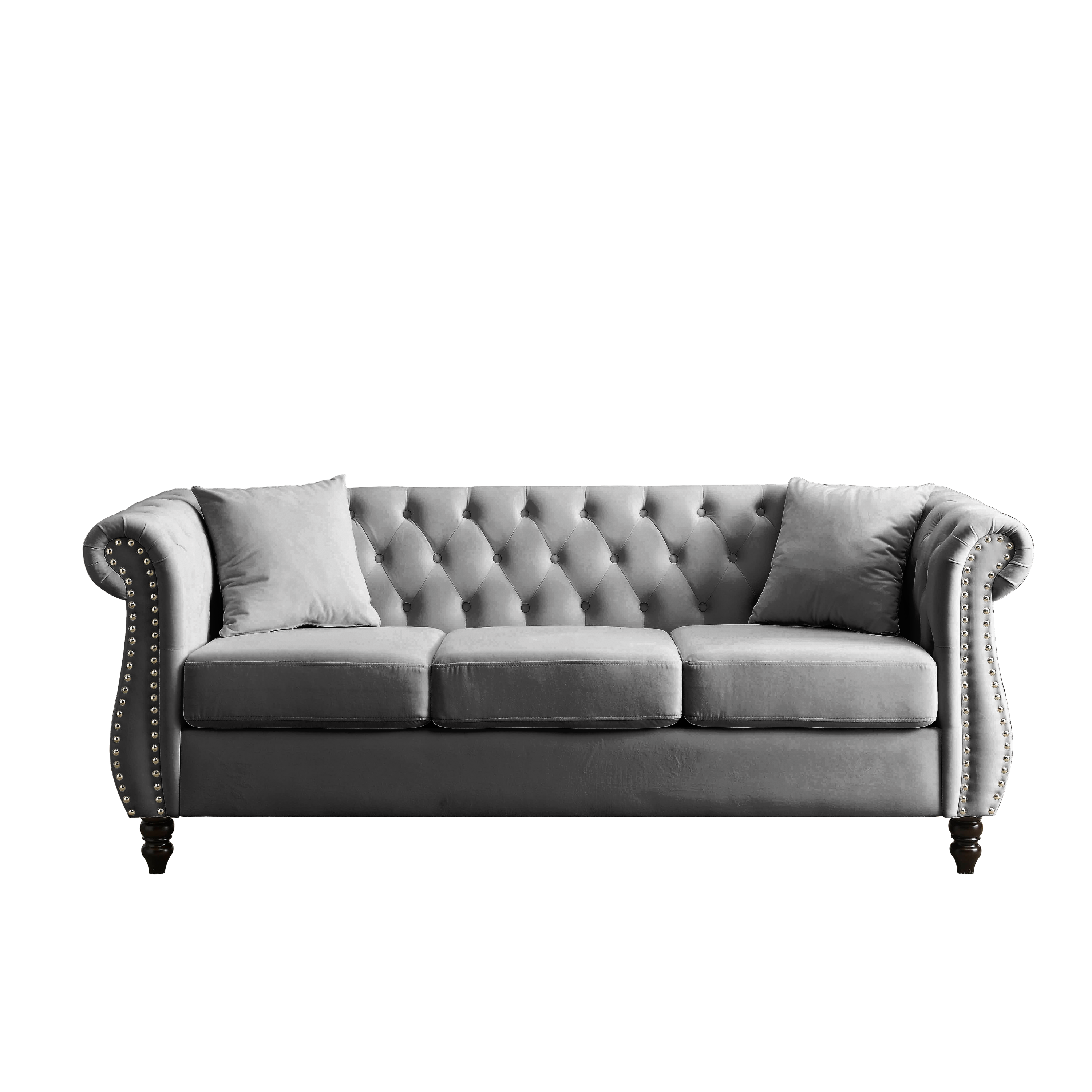 80" Chesterfield Sofa Grey Velvet for Living Room, 3 Seater Sofa Tufted Couch with Rolled Arms and Nailhead for Living Room, Bedroom, Office, Apartment, two pillows