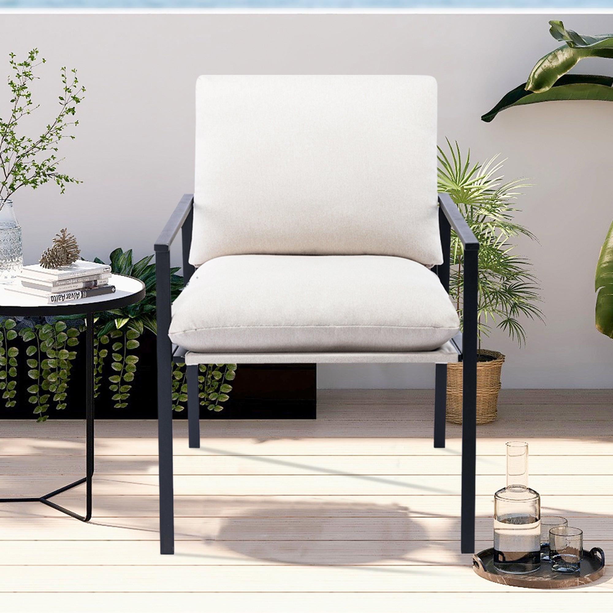 Metal Frame Linen Patio Dining Armchair Accent Chair with Thick Padded Backrest and Seat Cushion for Living Room Bedroom, Off White