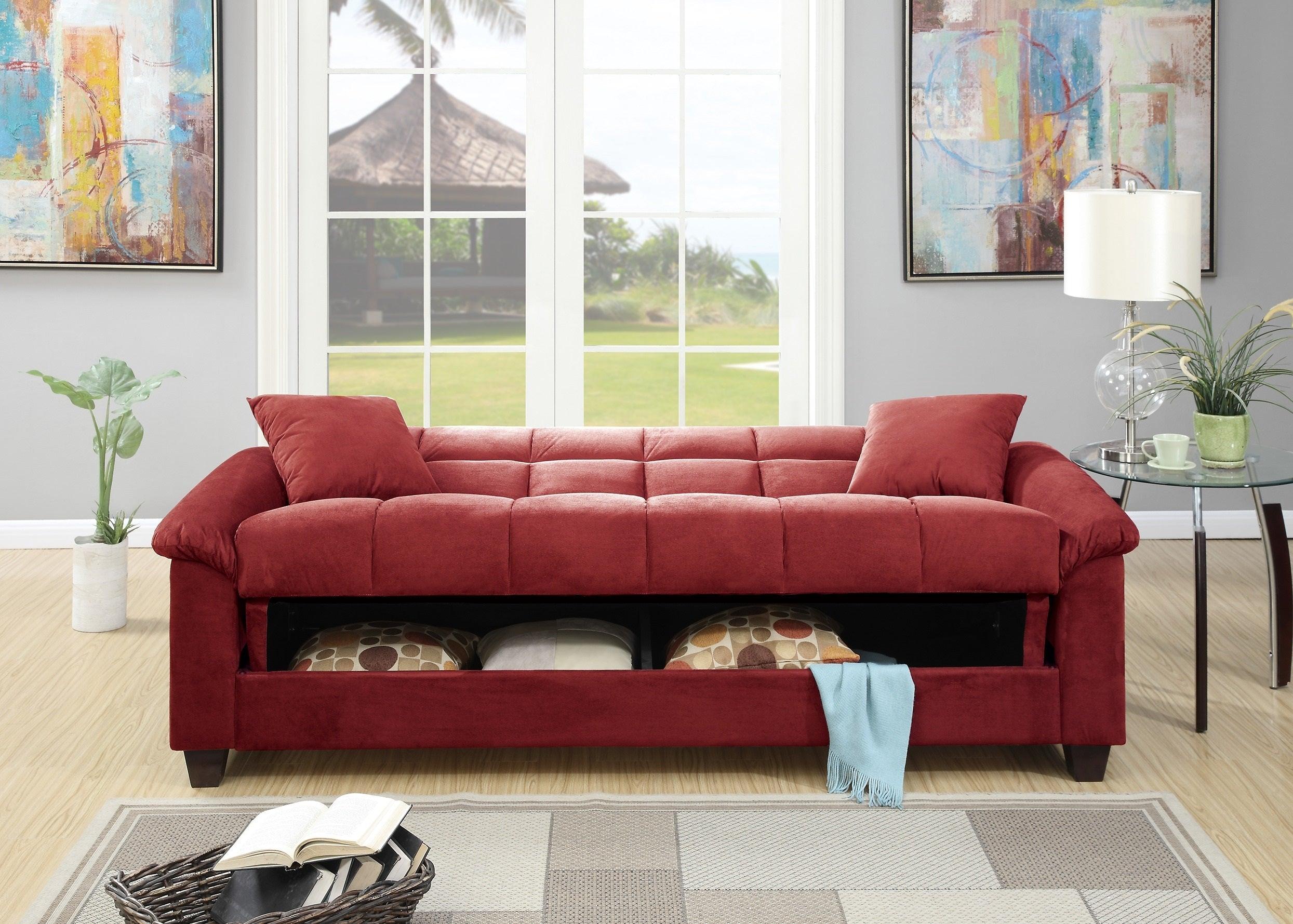 Contemporary Living Room Adjustable Sofa Red Color Microfiber PlushStorage Couch 1pc Futon Sofa w Pillows