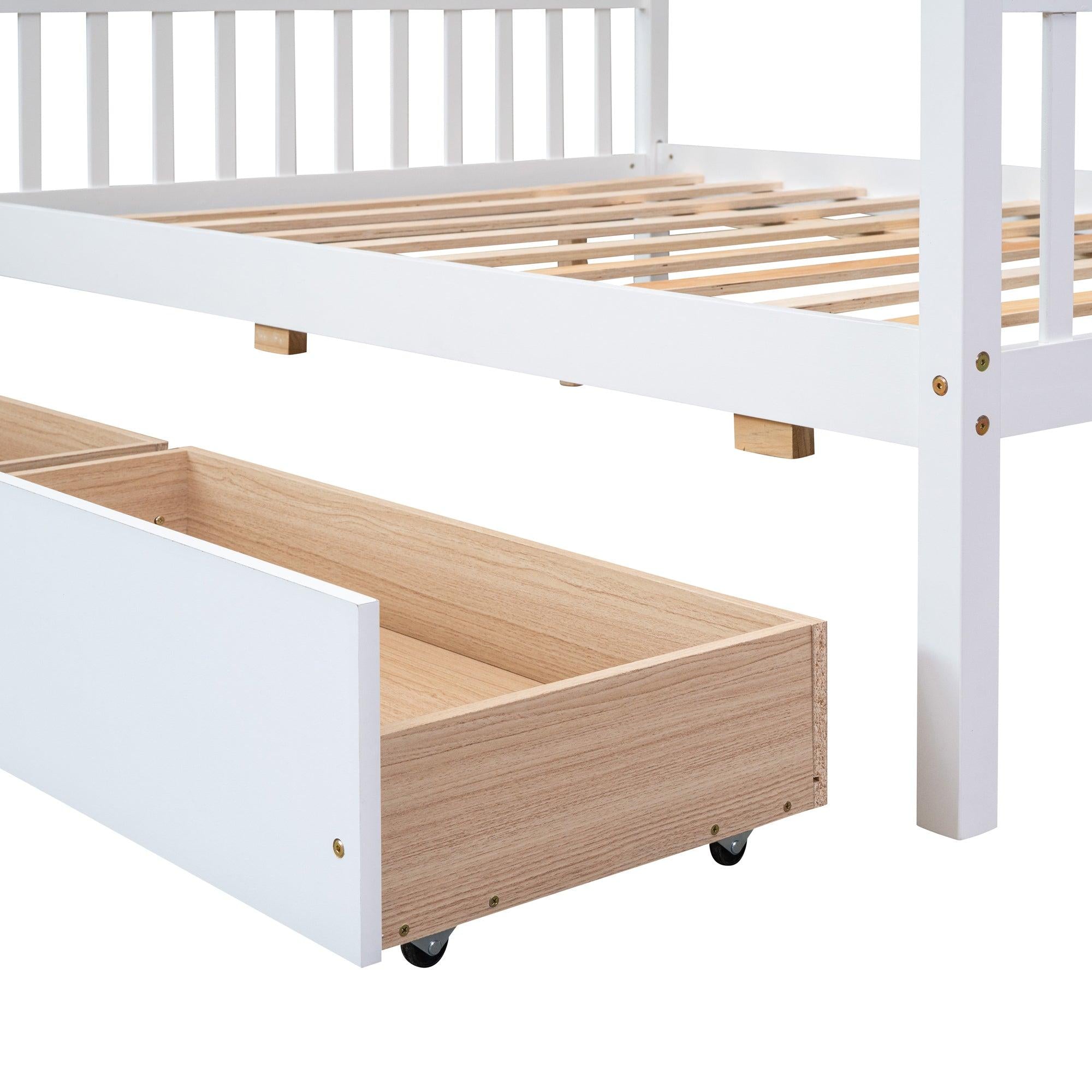 Full Size Wooden House Bed with Drawers, White