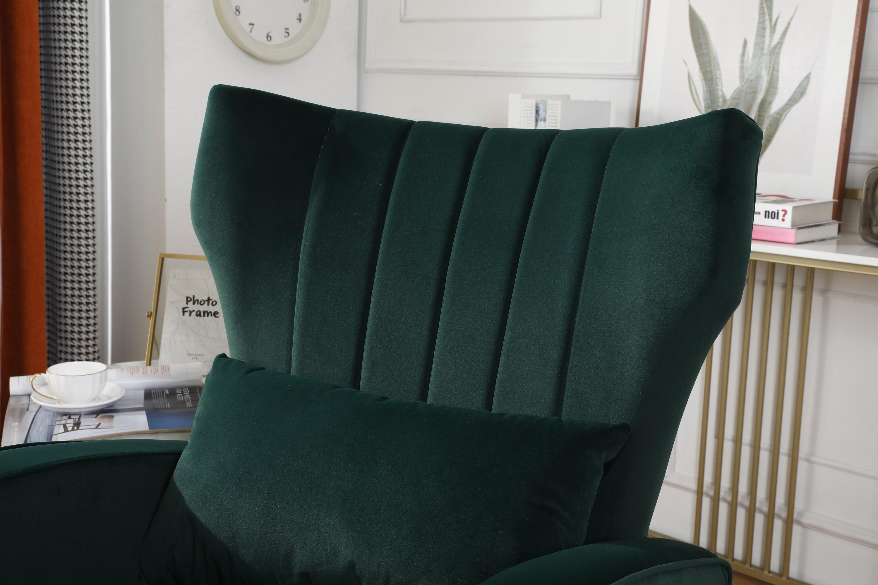 Velvet Accent Chair,Modern Living Room Armchair Comfy Upholstered Single Sofa Chair for Bedroom Dorms Reading Reception Room with Gold Legs & Small Pillow, Dark Green