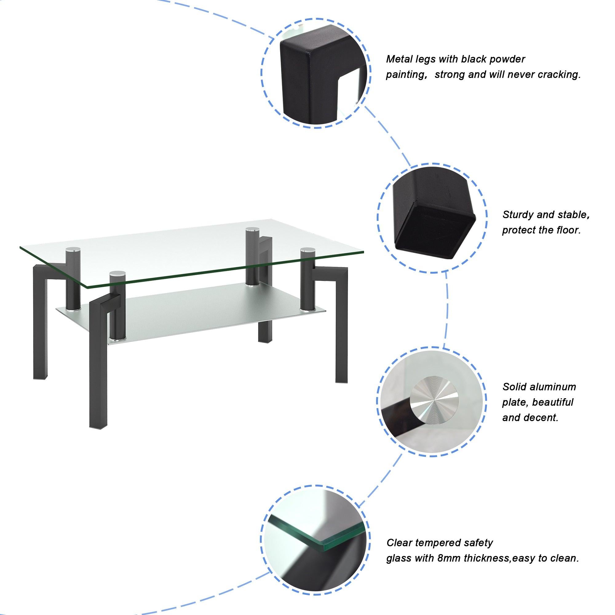 Rectangle Black Glass Coffee Table, Clear Coffee Table，Modern Side Center Tables for Living Room， Living Room Furniture