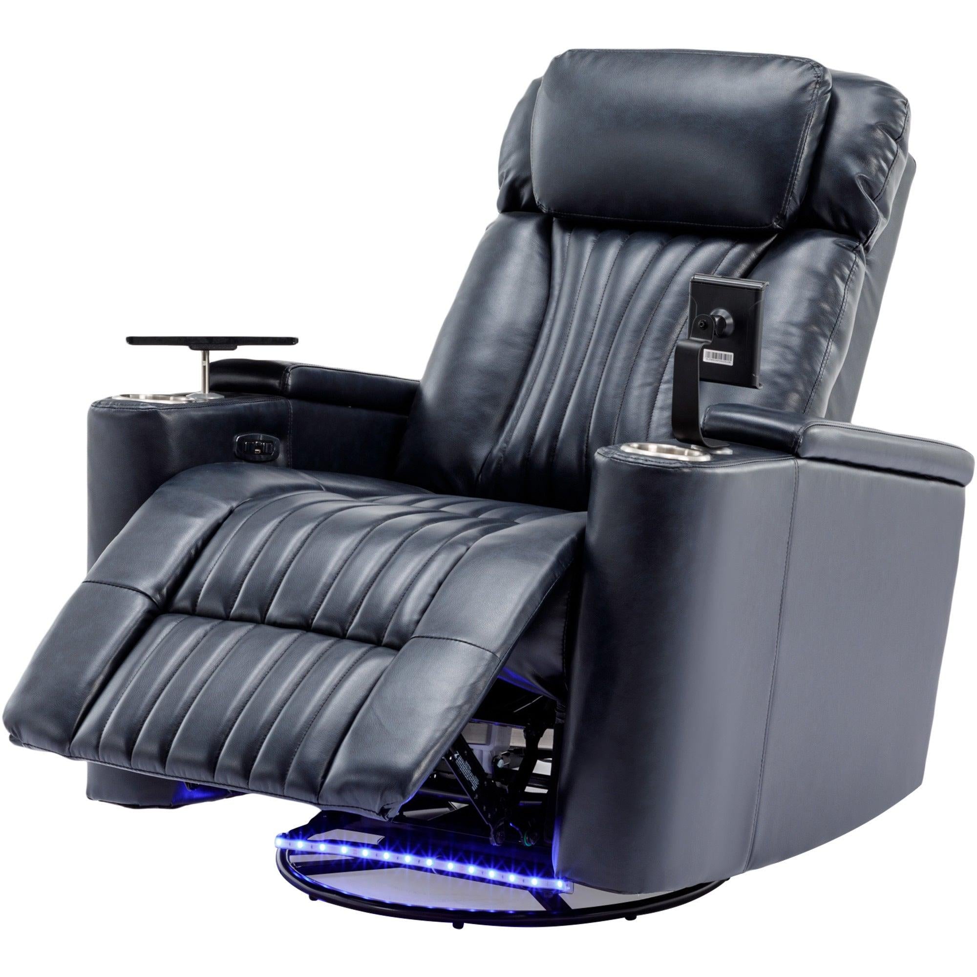 270° Power Swivel Recliner,Home Theater Seating With Hidden ArmStorage and  LED Light Strip,Cup Holder,360° Swivel Tray Table,and Cell Phone Holder,Soft Living Room Chair,Blue