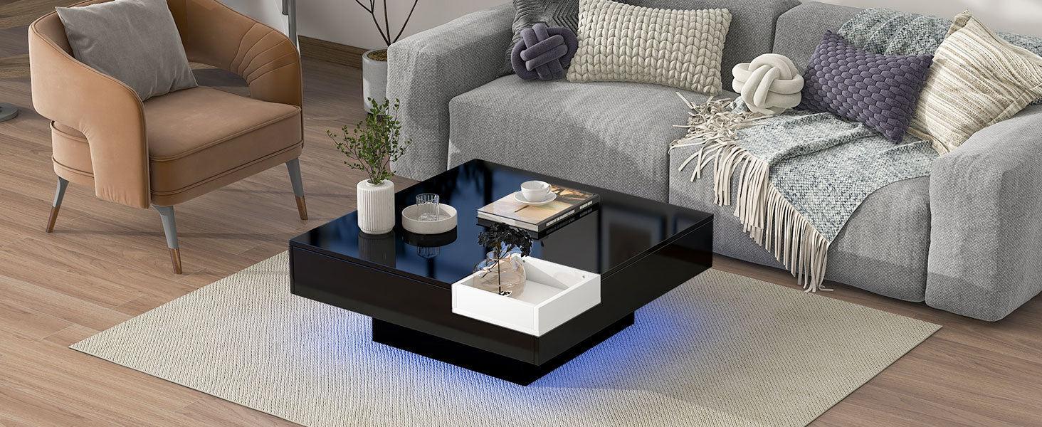 Modern Minimalist Design 31.5*31.5in Square Coffee Table with Detachable Tray and Plug-in 16-color LED Strip Lights Remote Control for Living Room