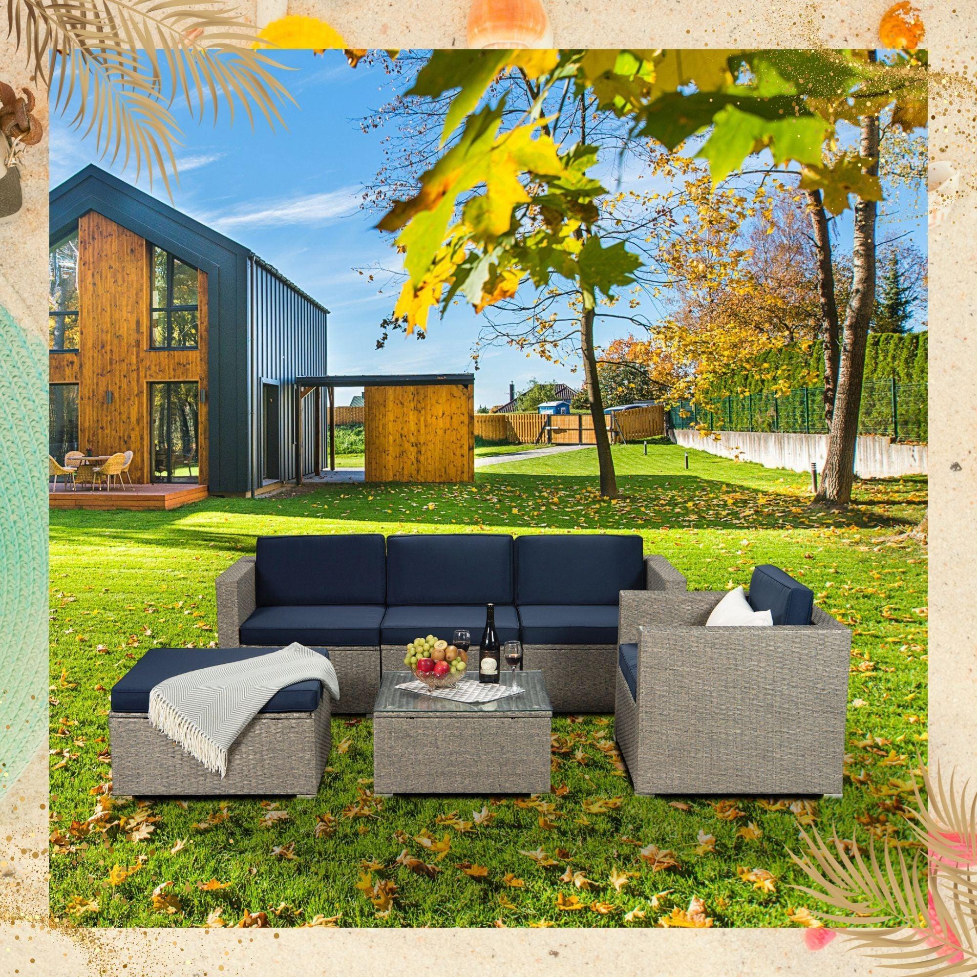 Outdoor Garden Patio Furniture 6-Piece Gray Mix Yellow PE Rattan Sectional Navy Cushioned Wicker Sofa Set with 1 Beige Pillows image