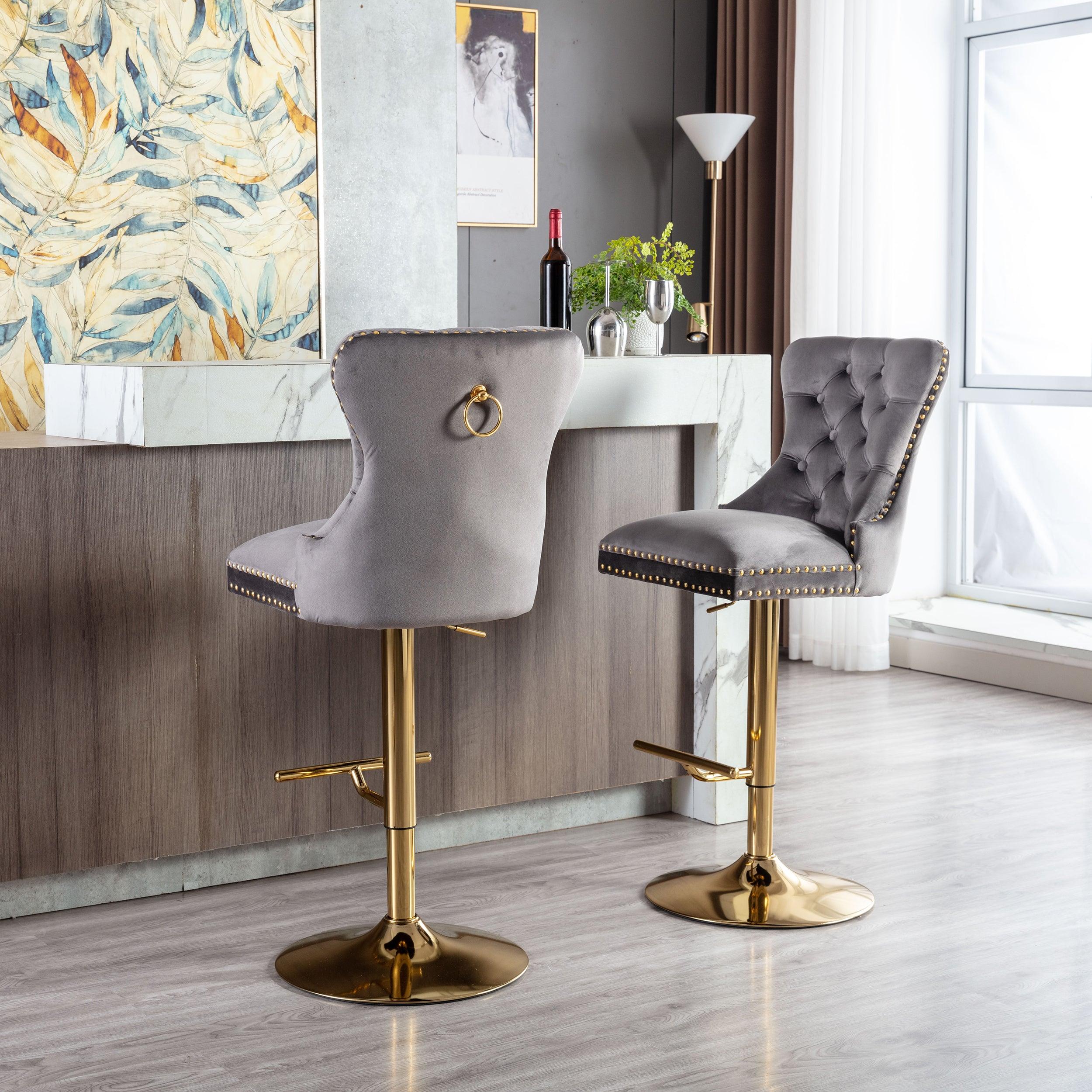 Swivel Bar Stools Chair Set of 2Modern Adjustable Counter Height Bar Stools, Velvet Upholstered Stool with Tufted High Back & Ring Pull for Kitchen , Chrome Golden Base, Grey