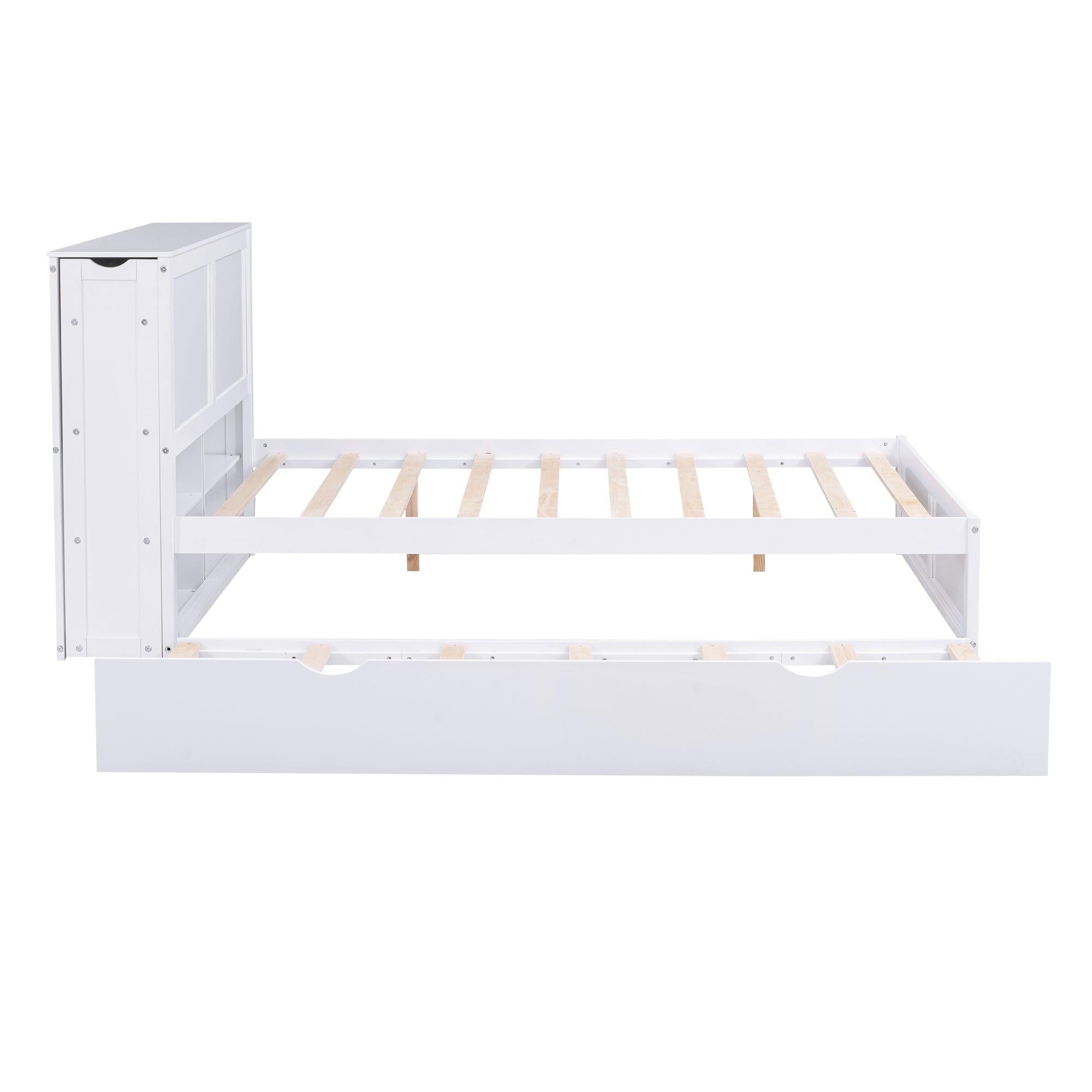 Full SizeStorage Platform Bed with Pull Out Shelves and Twin Size Trundle, White