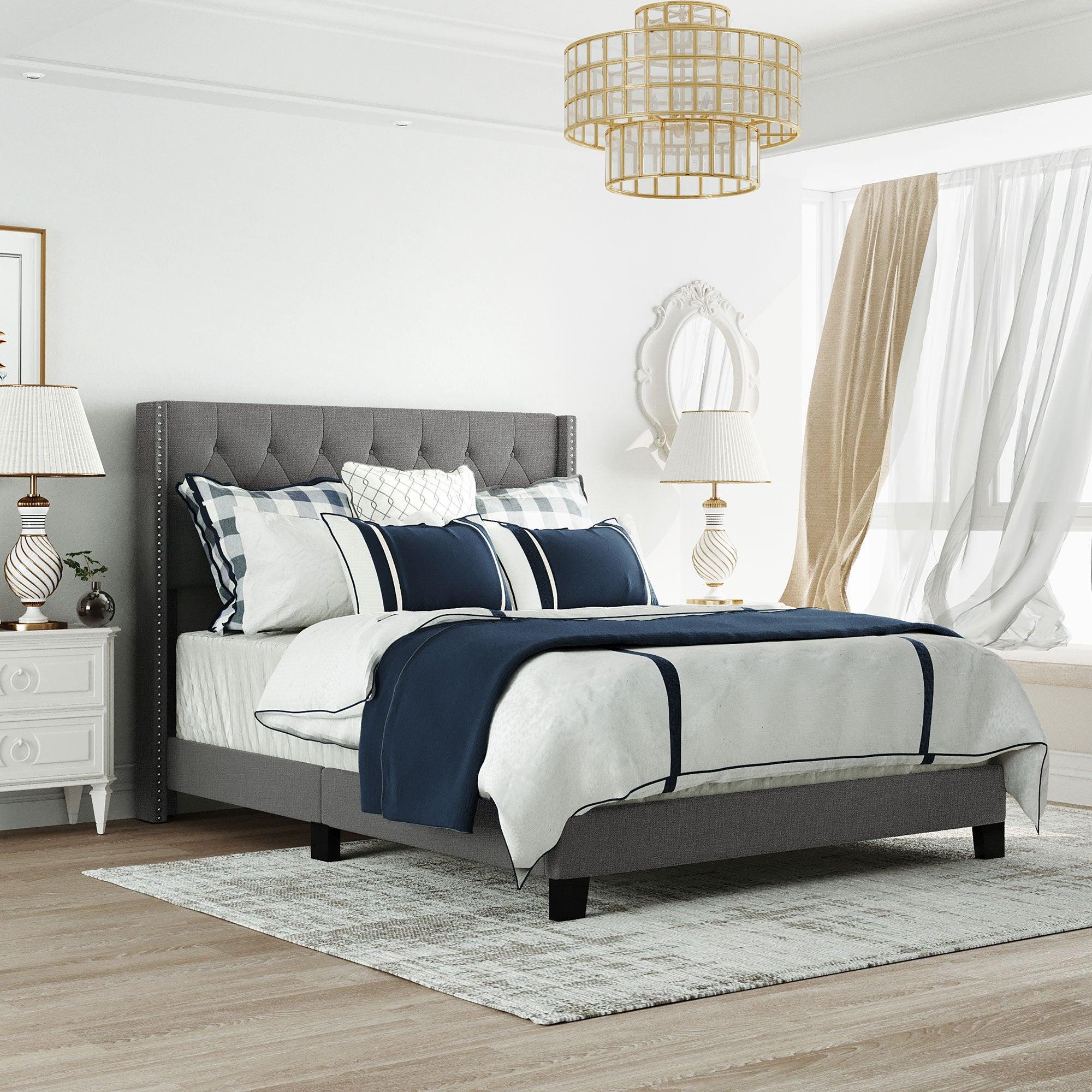 Upholstered Platform Bed with Classic Headboard, Box Spring Needed, Gray Linen Fabric, Queen Size image