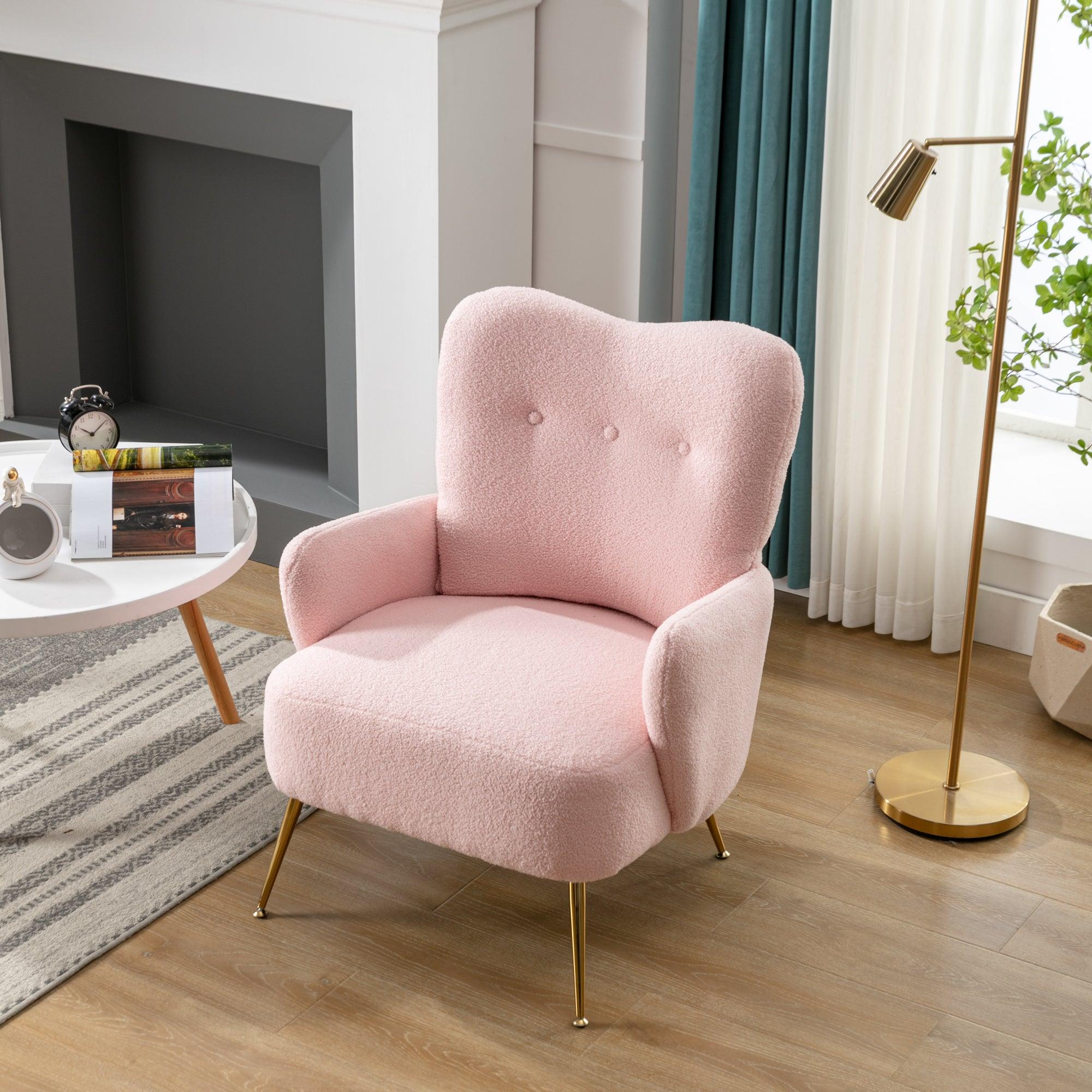 Cozy Teddy Fabric Arm Chair with Sloped High Back and Contemporary Metal Legs ,Pink