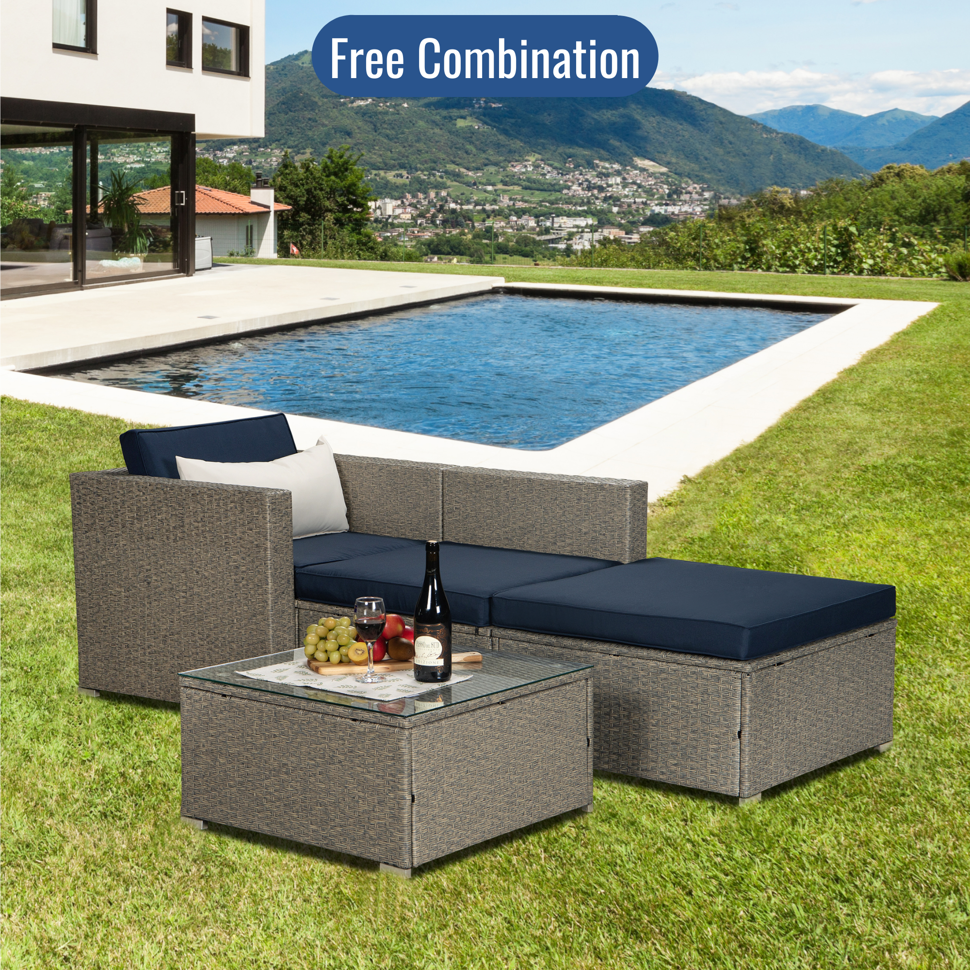 Outdoor Garden Patio Furniture 4-Piece Gray Mix Yellow PE Rattan Wicker Sectional Navy Cushioned Sofa Sets with One Beige Pillow