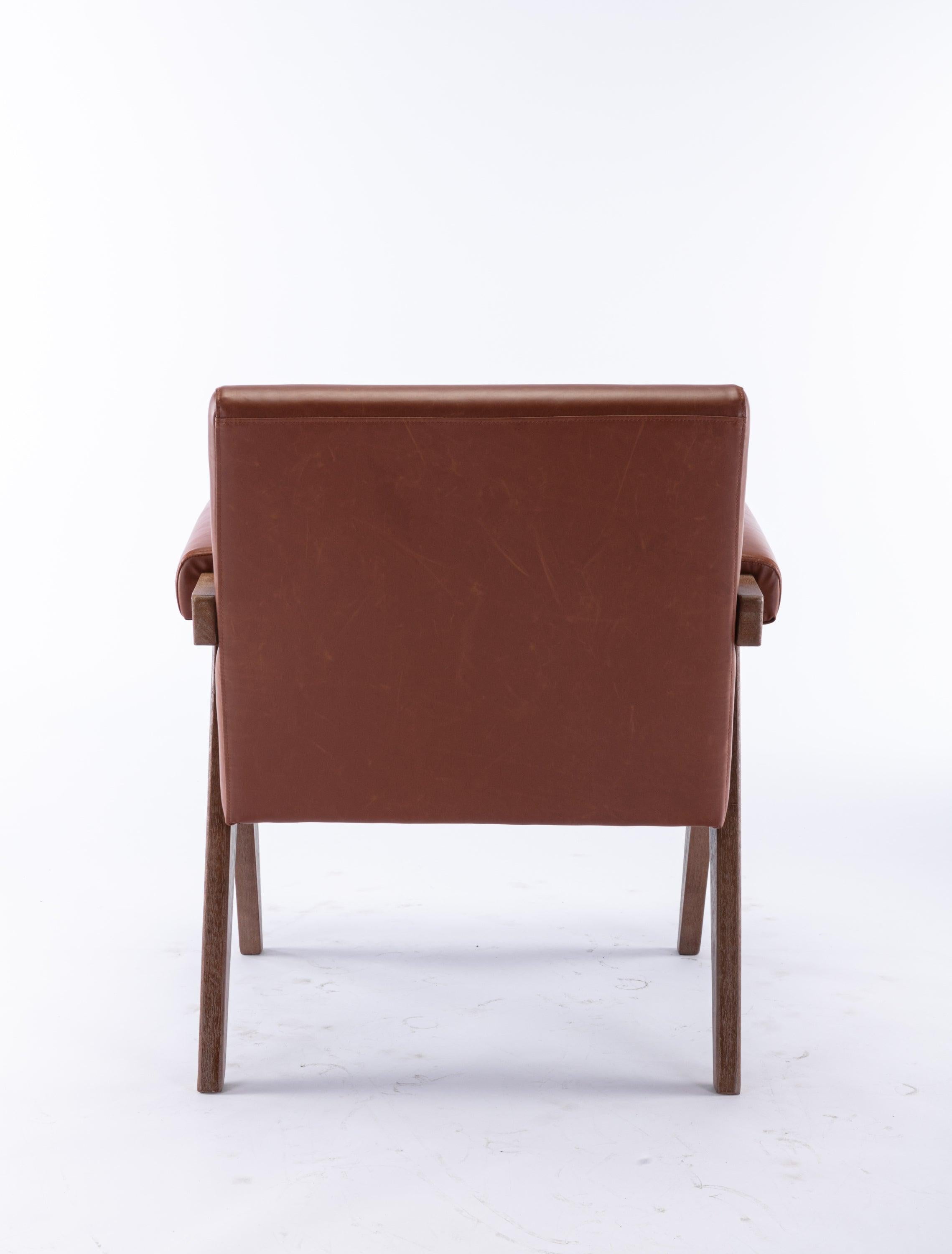 Accent chair, KD rubber wood legs with Walnut finish. PU leather cover the seat. With a cushion.Brown