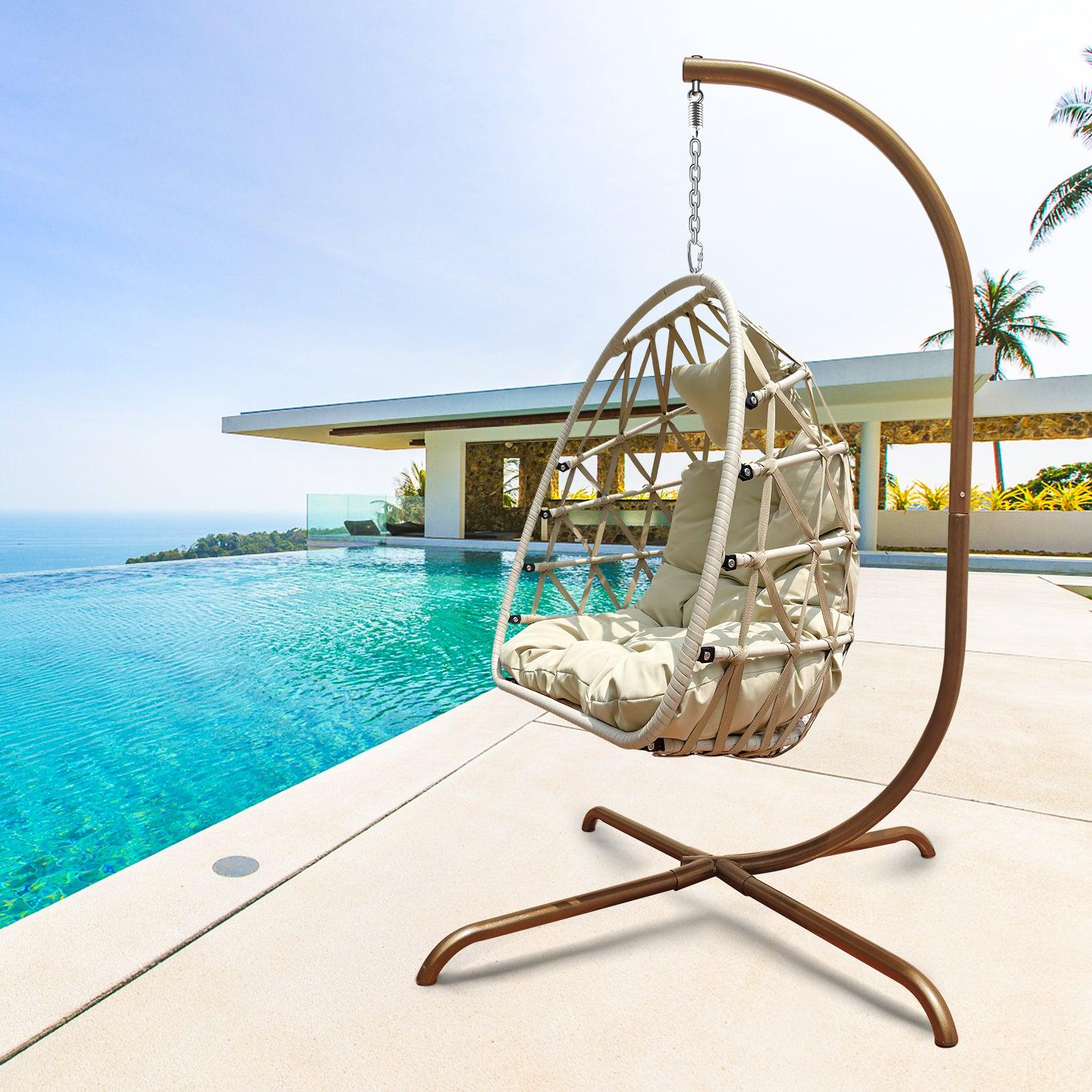 Swing Egg Chair with Stand Indoor Outdoor Wicker Rattan Patio Basket Hanging Chair with C Type bracket , with cushion and pillow,Patio Wicker folding Hanging Chair