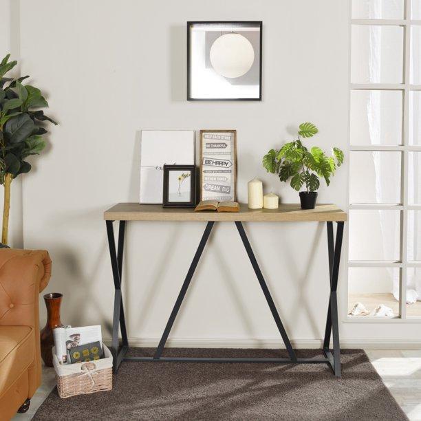 47.2'' Sofa Table; Wood Rectangle Console Table with Metal Frame - Oak & Black