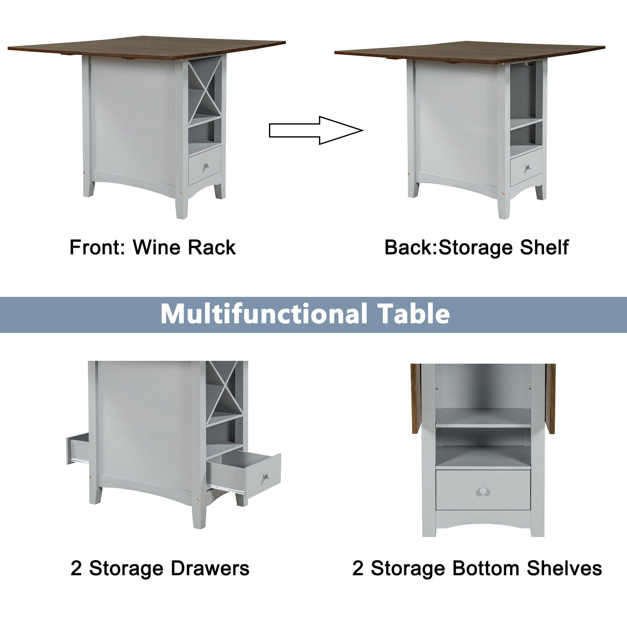 Farmhouse Wood Counter Height 5-Piece Dining Table Set with Drop Leaf, Kitchen Set with Wine Rack and Drawers for Small Places,  Cherry+Gray