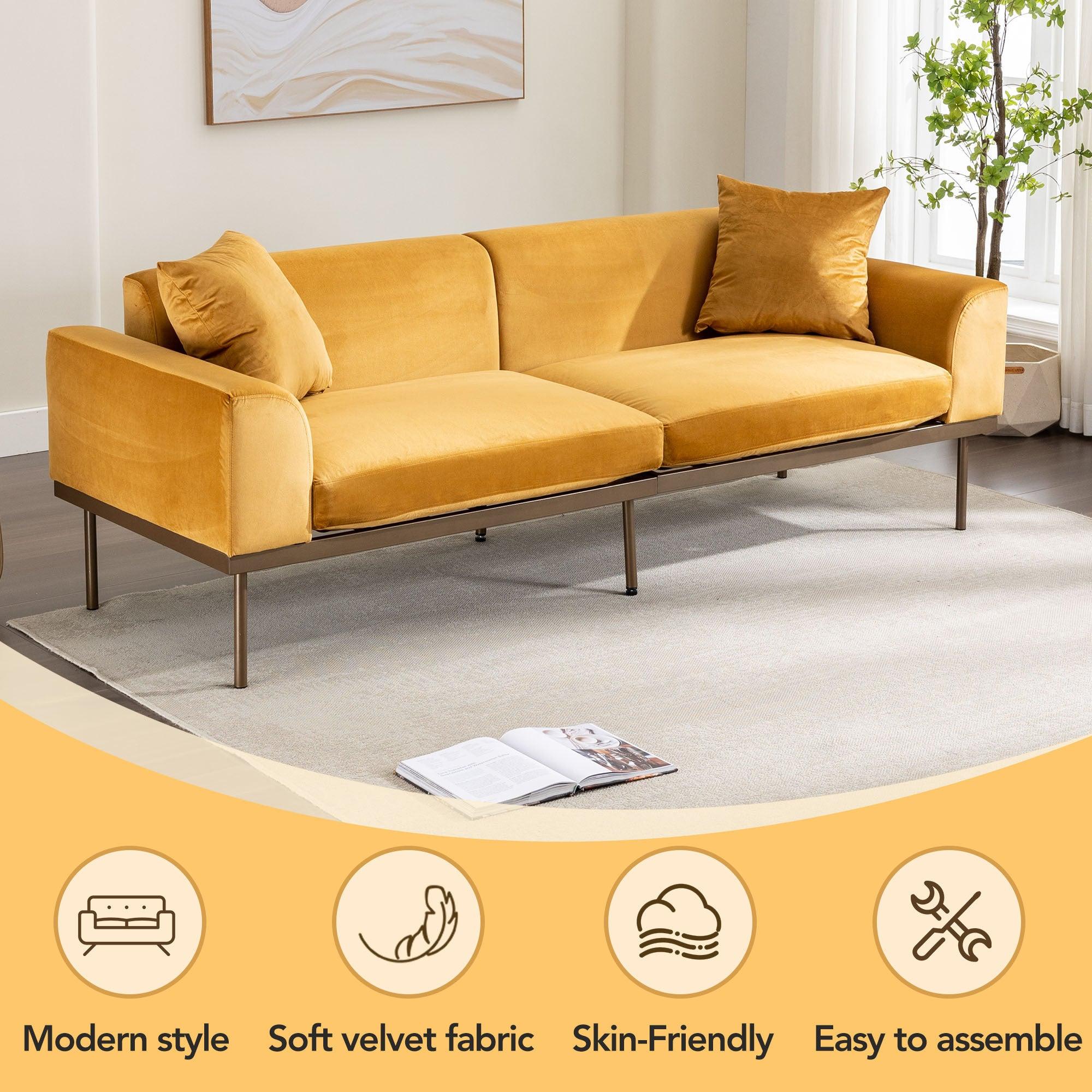 Modern Velvet Sofa with Metal Legs,Loveseat Sofa Couch with Two Pillows for Living Room and Bedroom, Mustard