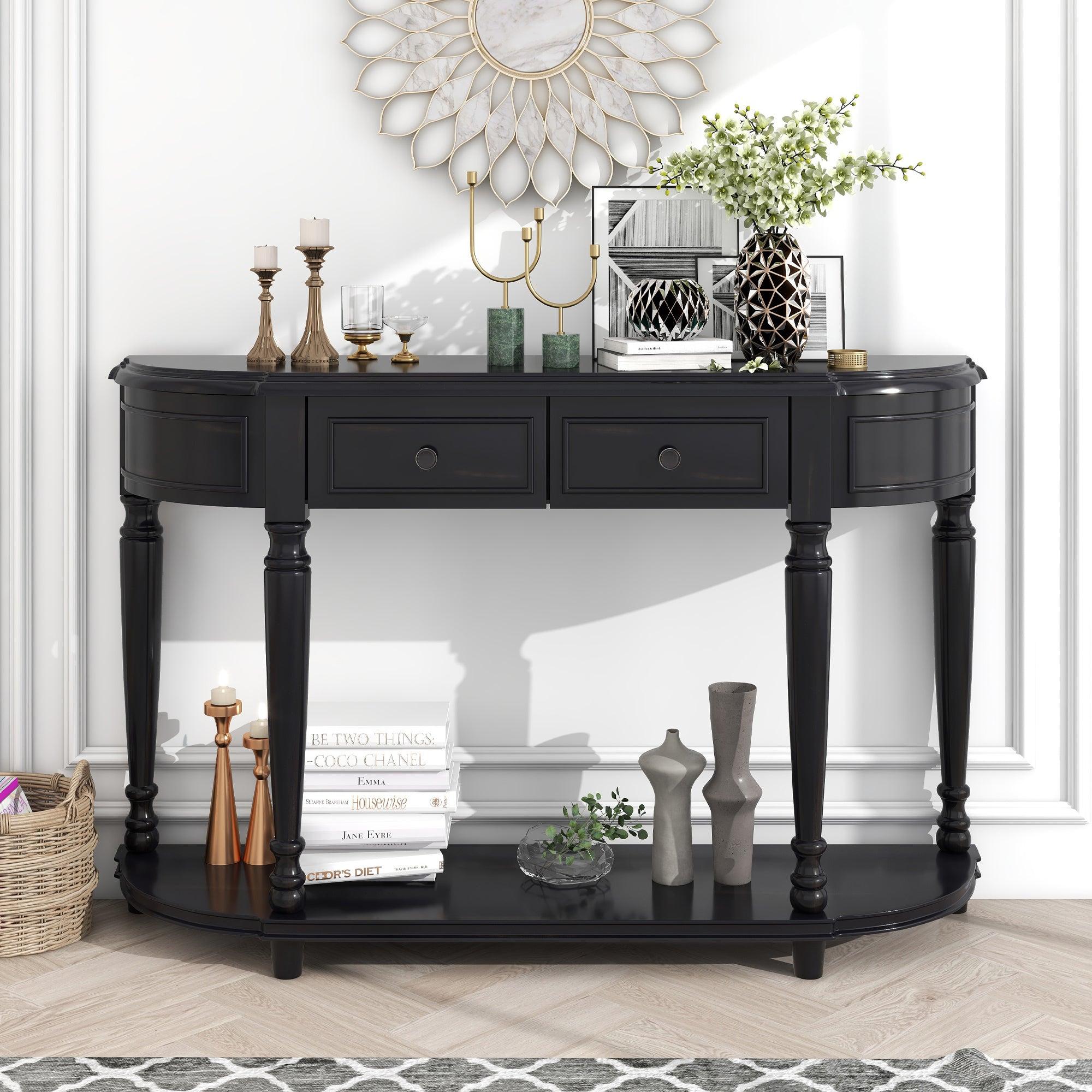 Retro Circular Curved Design Console Table with Open Style Shelf Solid Wooden Frame and Legs Two Top Drawers (Black)