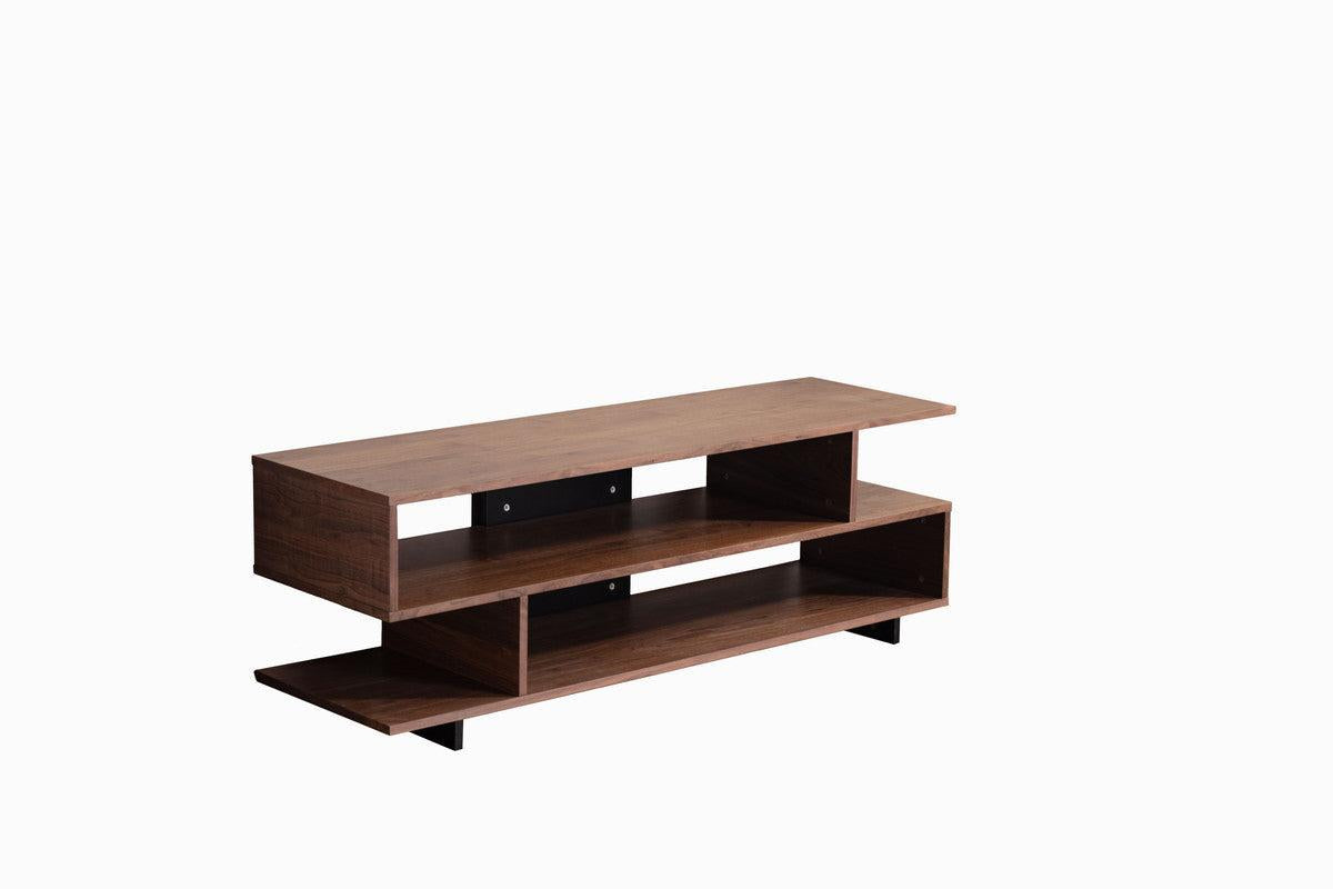 Iris Brown Walnut Finish TV Stand with 2 Levels of Shelves and Black Legs