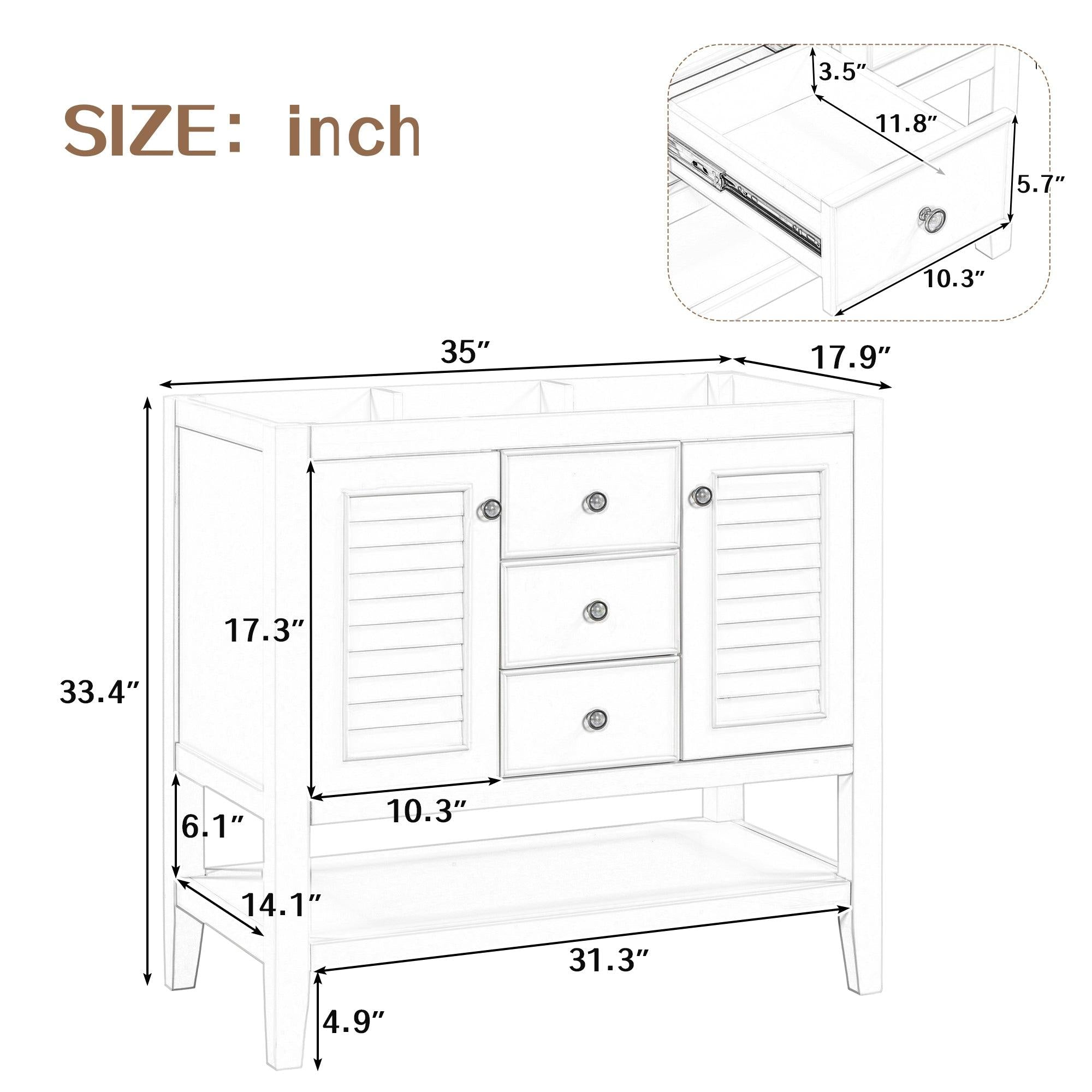 36" Bathroom Vanity without Sink, Cabinet Base Only, Two Cabinets and Drawers, Open Shelf, Solid Wood Frame, Grey