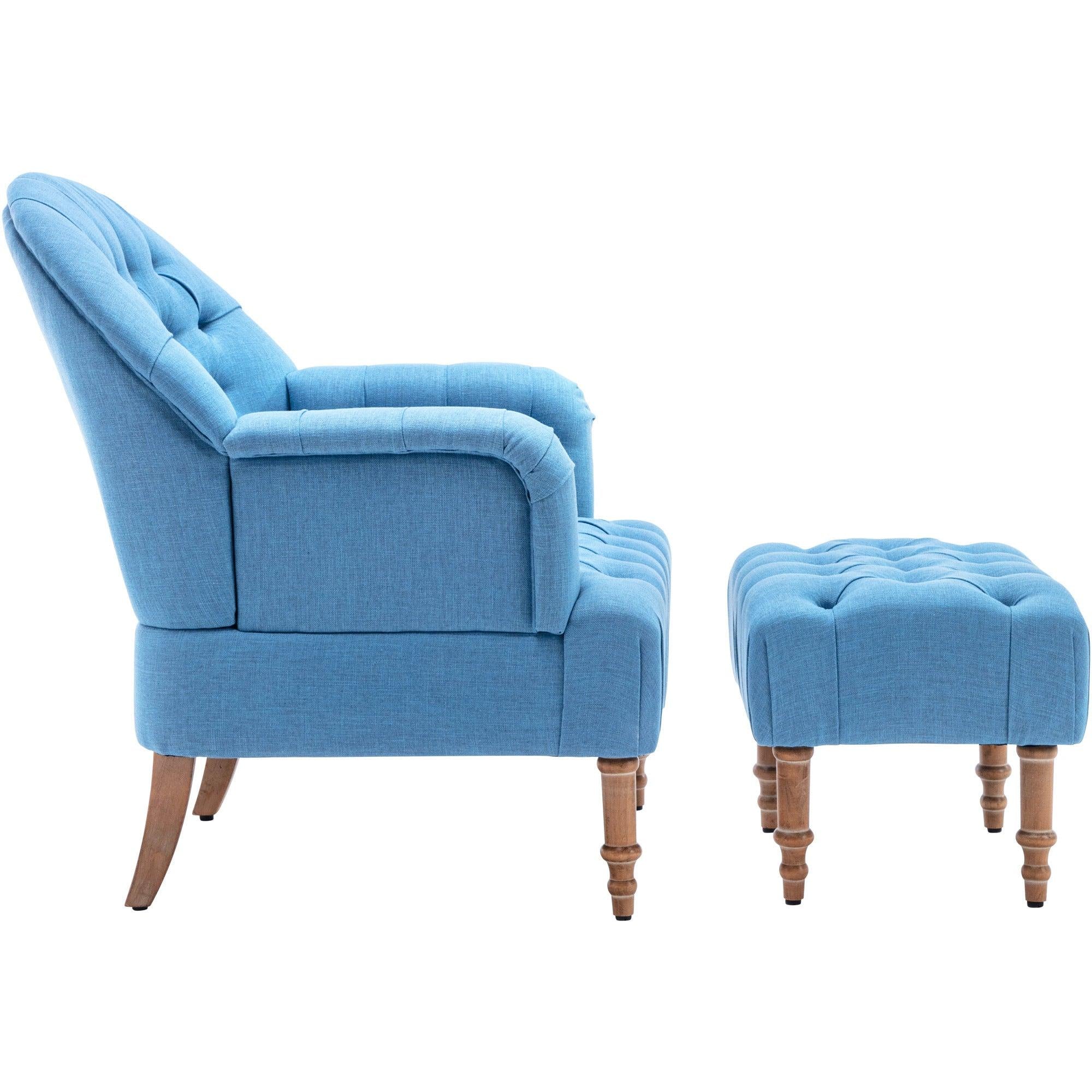 Accent Chair,Button-Tufted Upholstered Chair Set ,Mid CenturyModern Chair with Linen Fabric and Ottoman for Living Room Bedroom Office Lounge,Blue