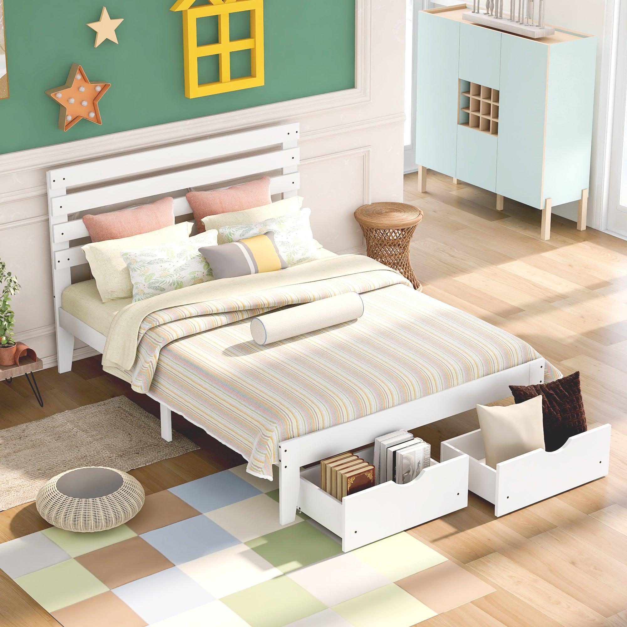 Full Size Platform Bed with Drawers, White