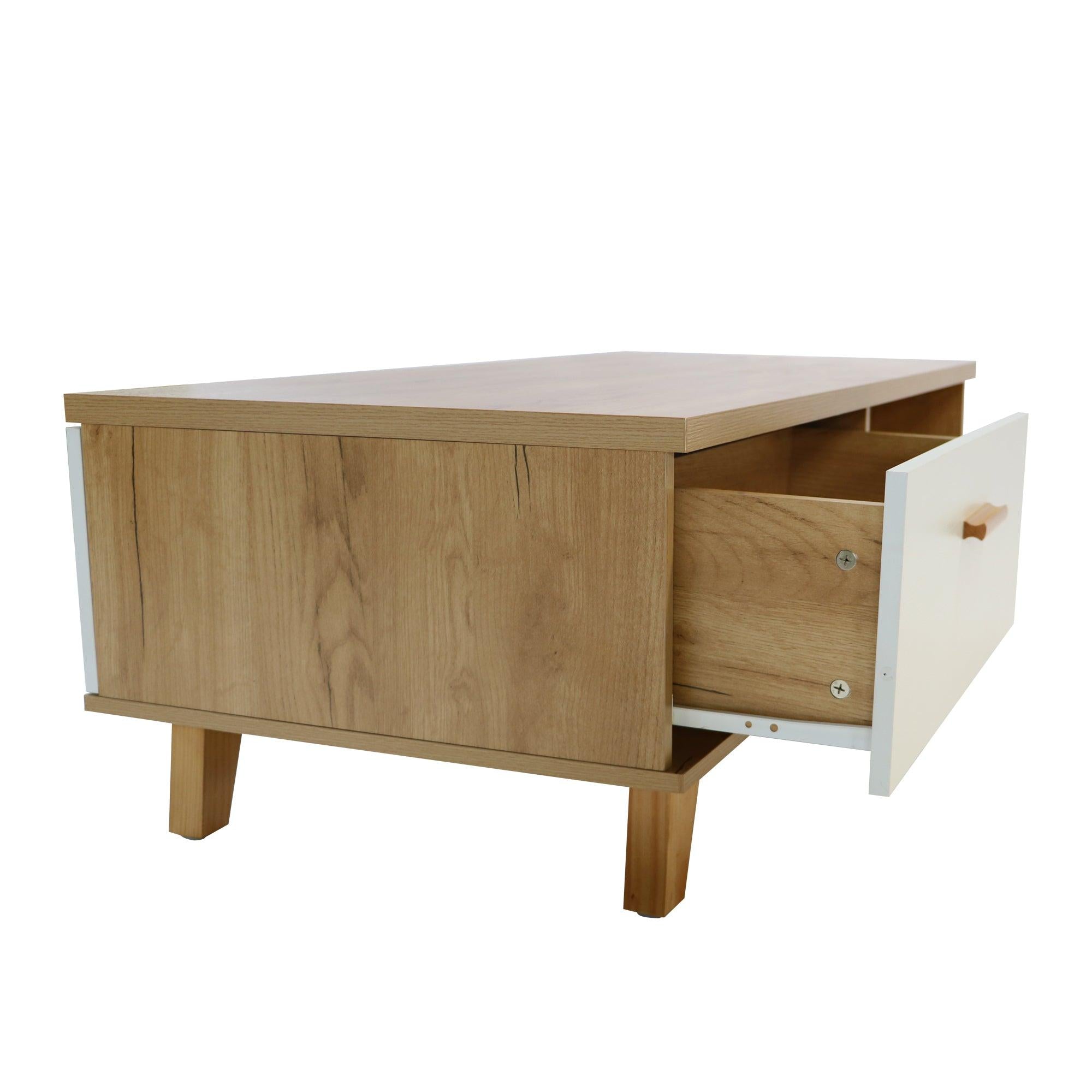 COFFEE TABLE，computer table, wood+white color, solid wood handles and legs, two drawers