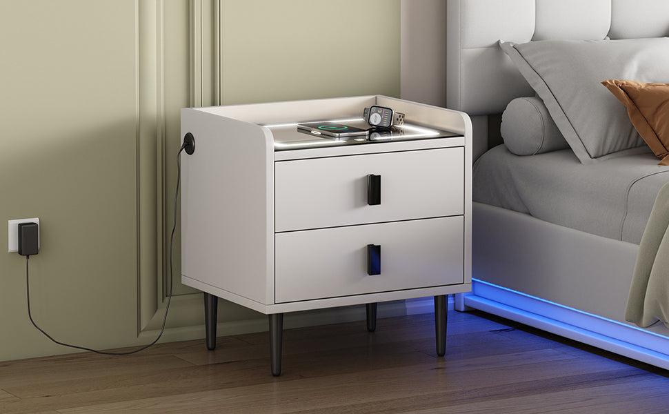 Nightstand with Wireless Charging Station,USB Charging and Adjustable LED Lights,Modern End Table with 2 Drawers for Bedroom,White