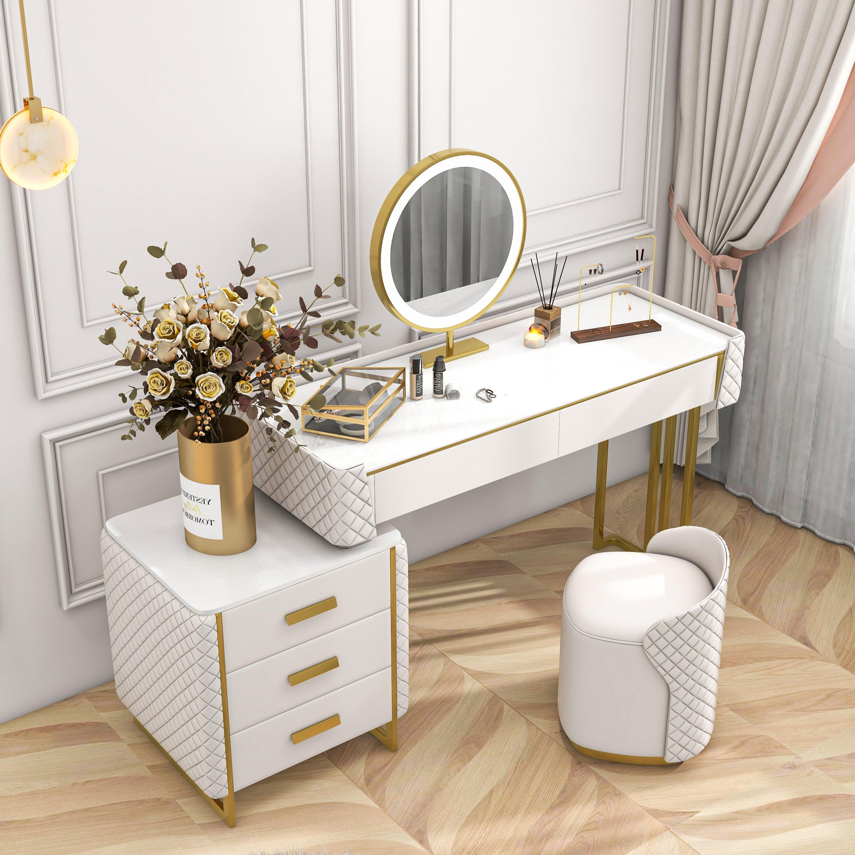 Makeup Vanity Set with LED Lighted Mirror, 5 Drawers,Modern Dressing Table Sintered Stone, Stool, For Bedroom,31.49''