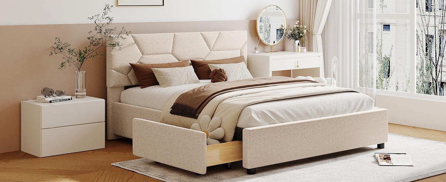 Queen Size Upholstered Platform Bed with Brick Pattern Heardboard and 4 Drawers, Linen Fabric, Beige