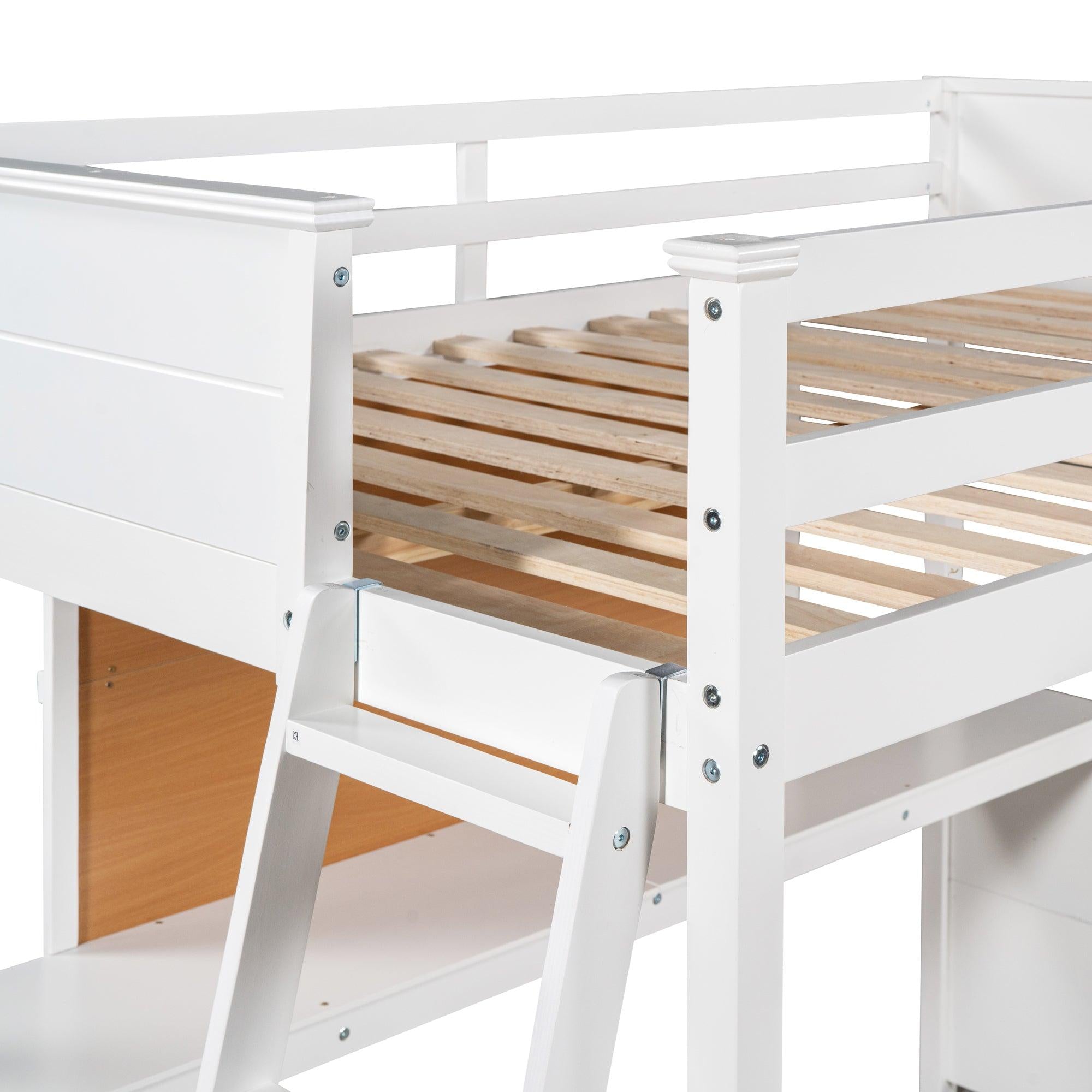 Full size Loft Bed with Desk and Writing Board, Wooden Loft Bed with Desk - White