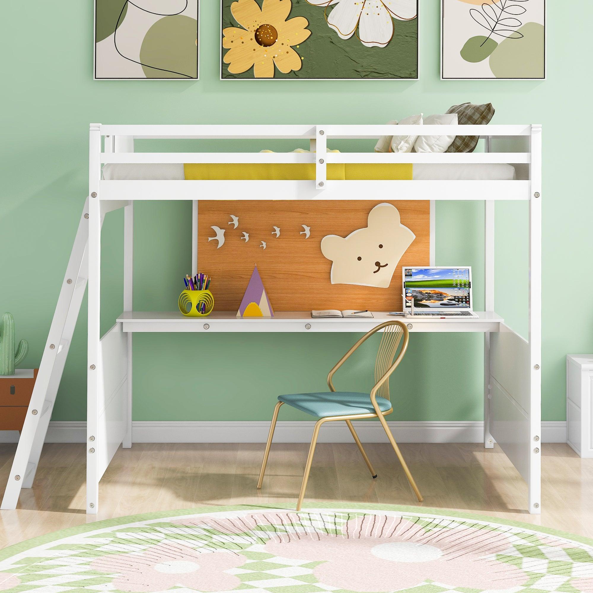 Full size Loft Bed with Desk and Writing Board, Wooden Loft Bed with Desk - White