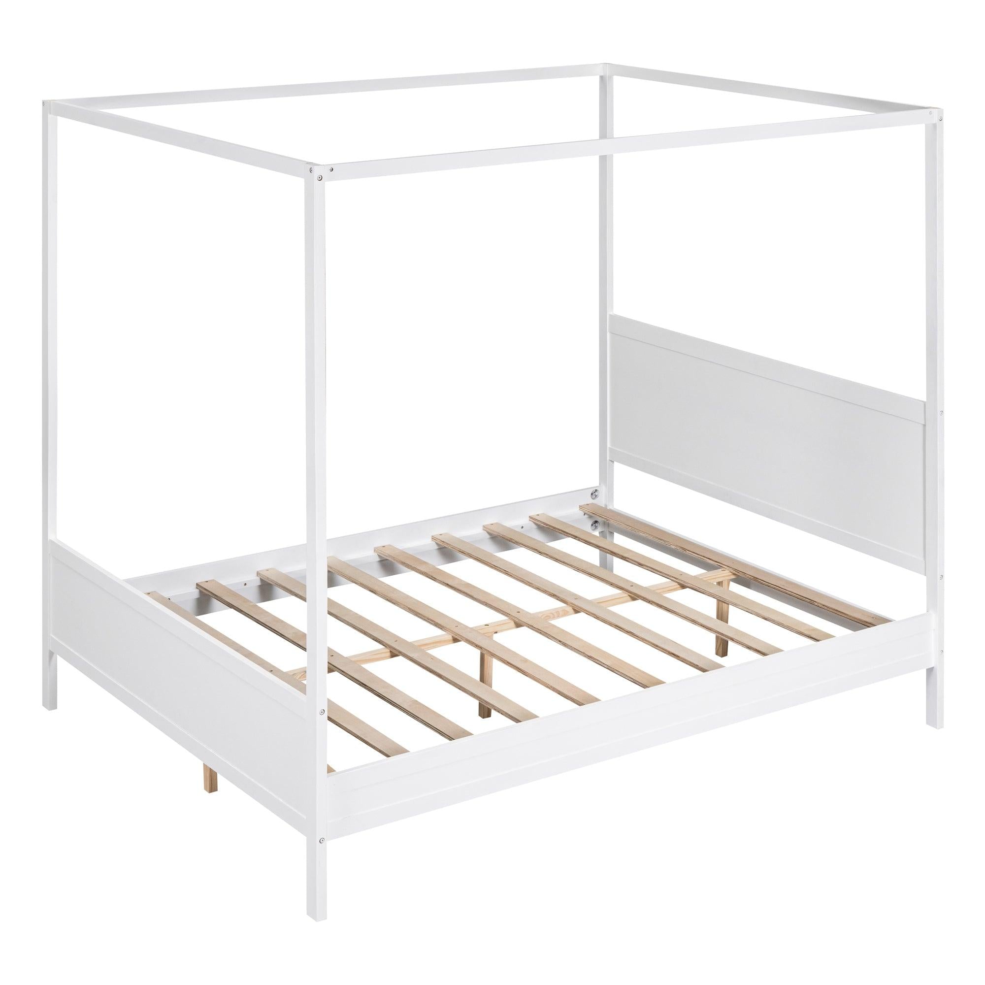 Queen Size Canopy Platform Bed with Headboard and Footboard,Slat Support Leg - White