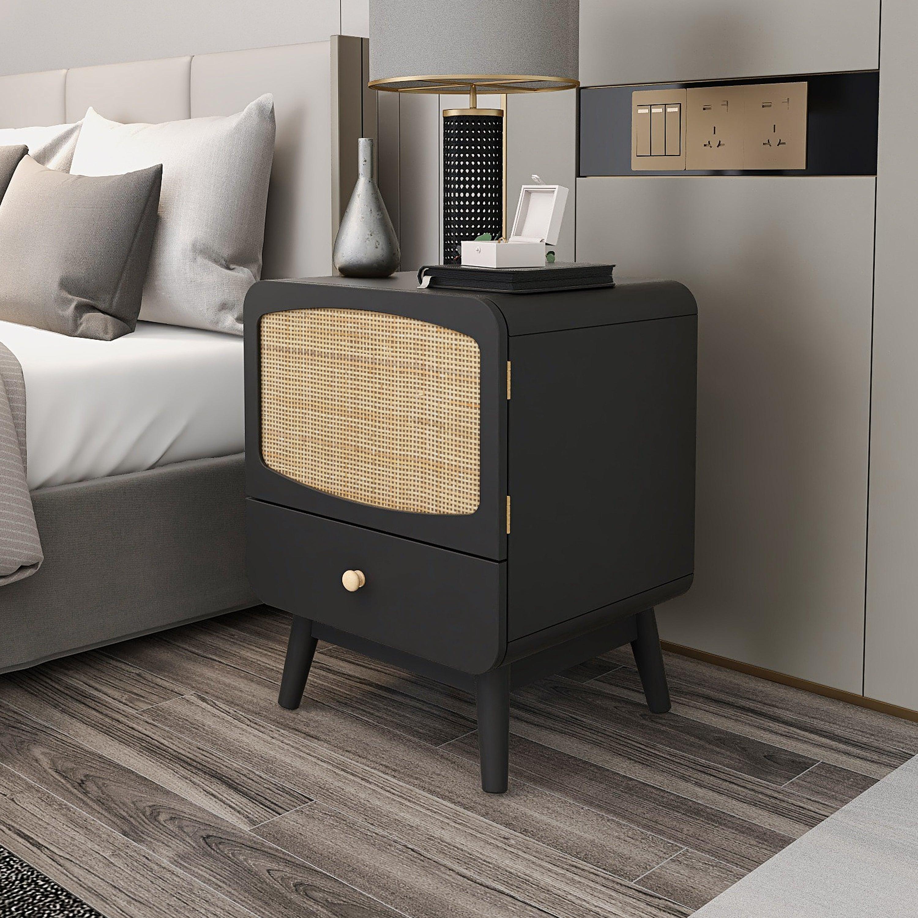 Black Nightstand,  Bedside Table withStorage Drawe/ Rattan Door