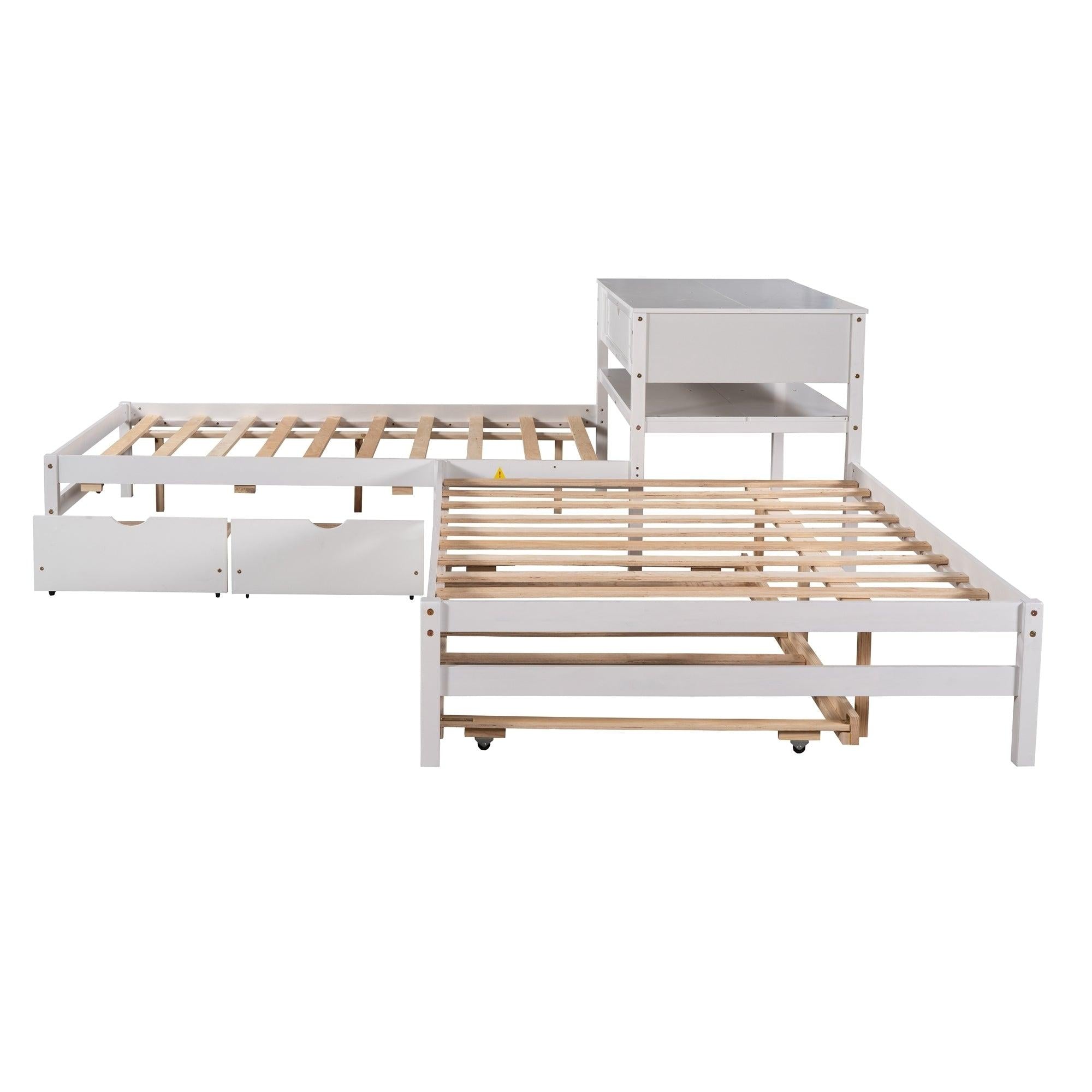 Full Size L-shaped Platform Beds with Twin Size Trundle and Drawers Linked with Built-in Rectangle Table,White