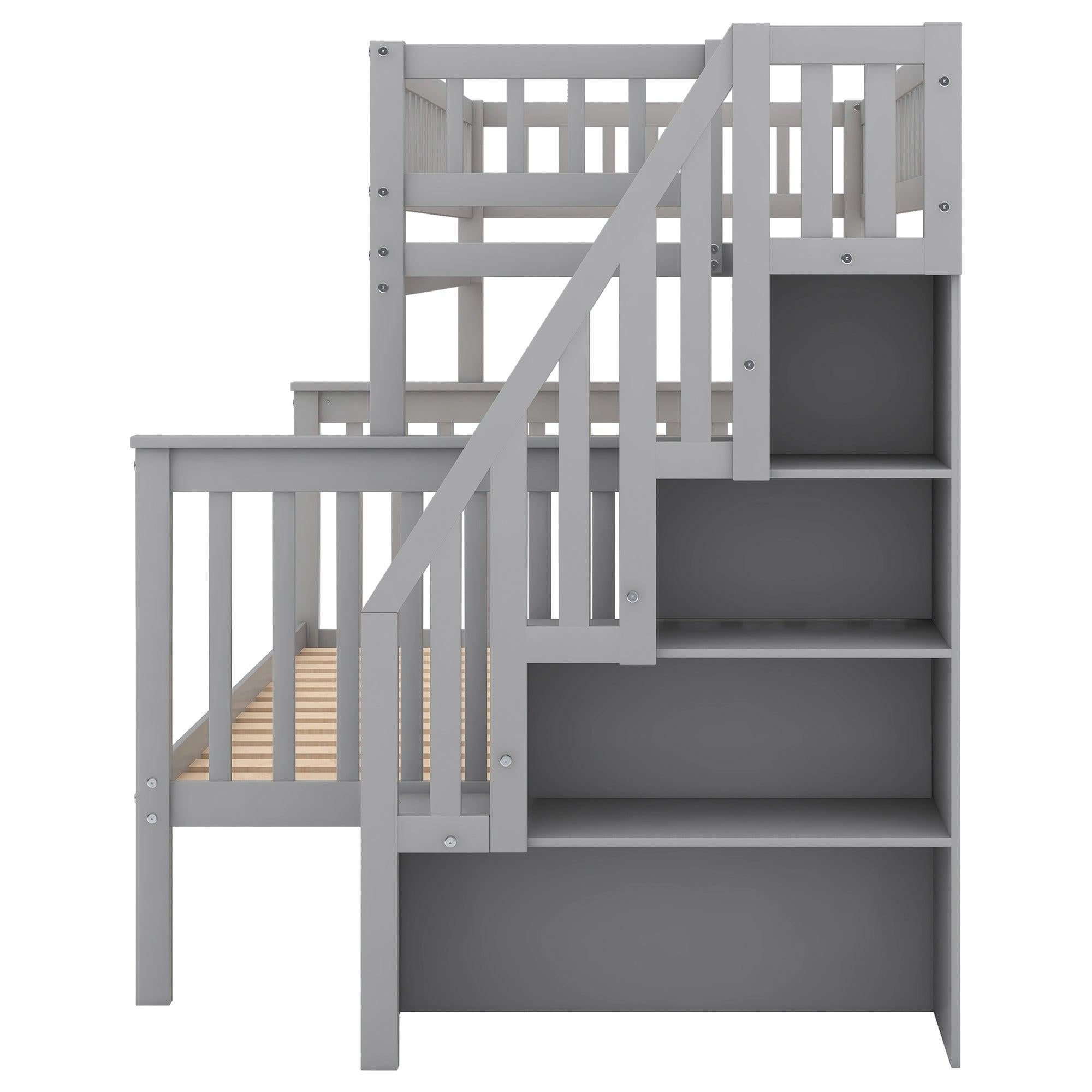 Twin over Full Stairway Bunk Bed withStorage, Gray