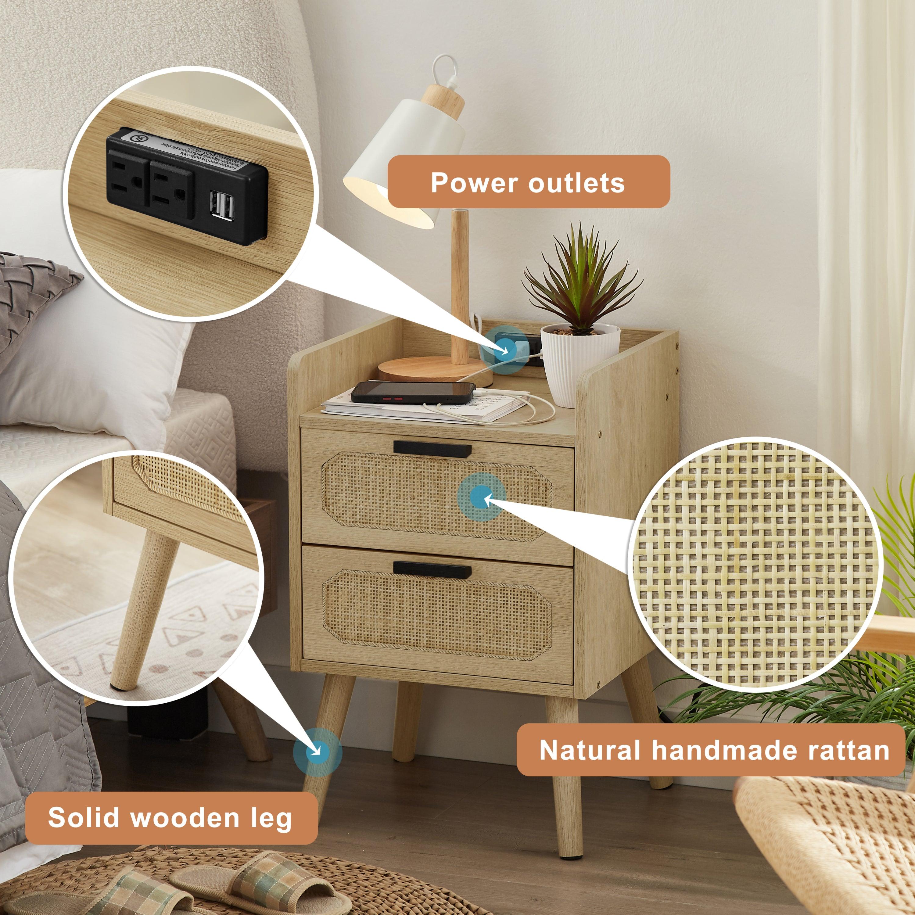 Rattan nightstand with socket side table natural handmade rattan（Natural 15.55’’W*13.78’’D*23.82’’H）