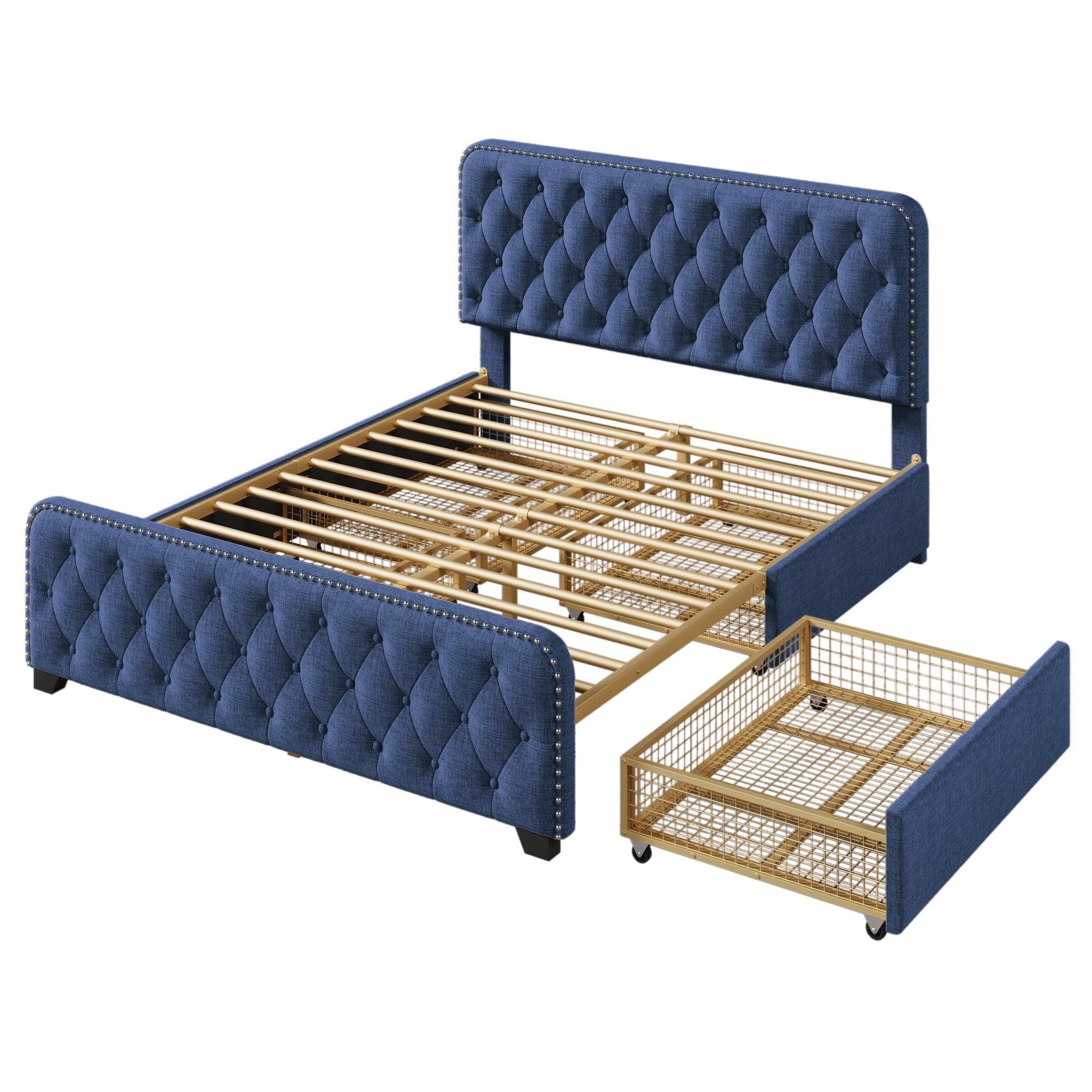 Upholstered Platform Bed Frame with Four Drawers, Button Tufted Headboard and Footboard Sturdy Metal Support, No Box Spring Required, Blue, Queen