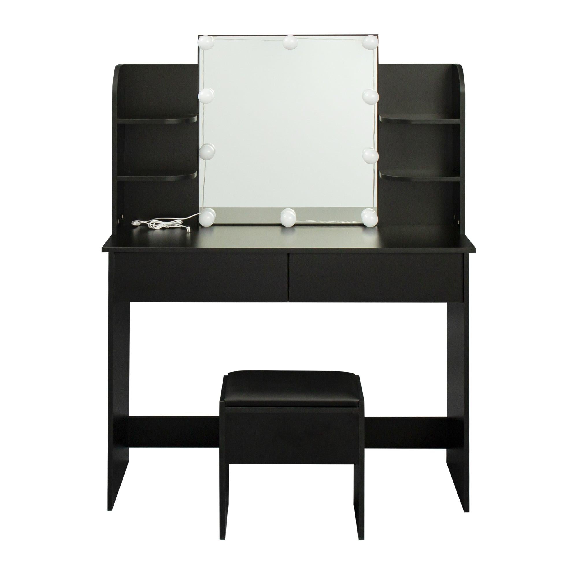 Modern Dressing table with 2 Drawers, 4 open shelves，Rectangular Makeup Table with Mirror, 10-lamp bulb,,42.52*15.75* 52.76inch,for Bedroom, Black