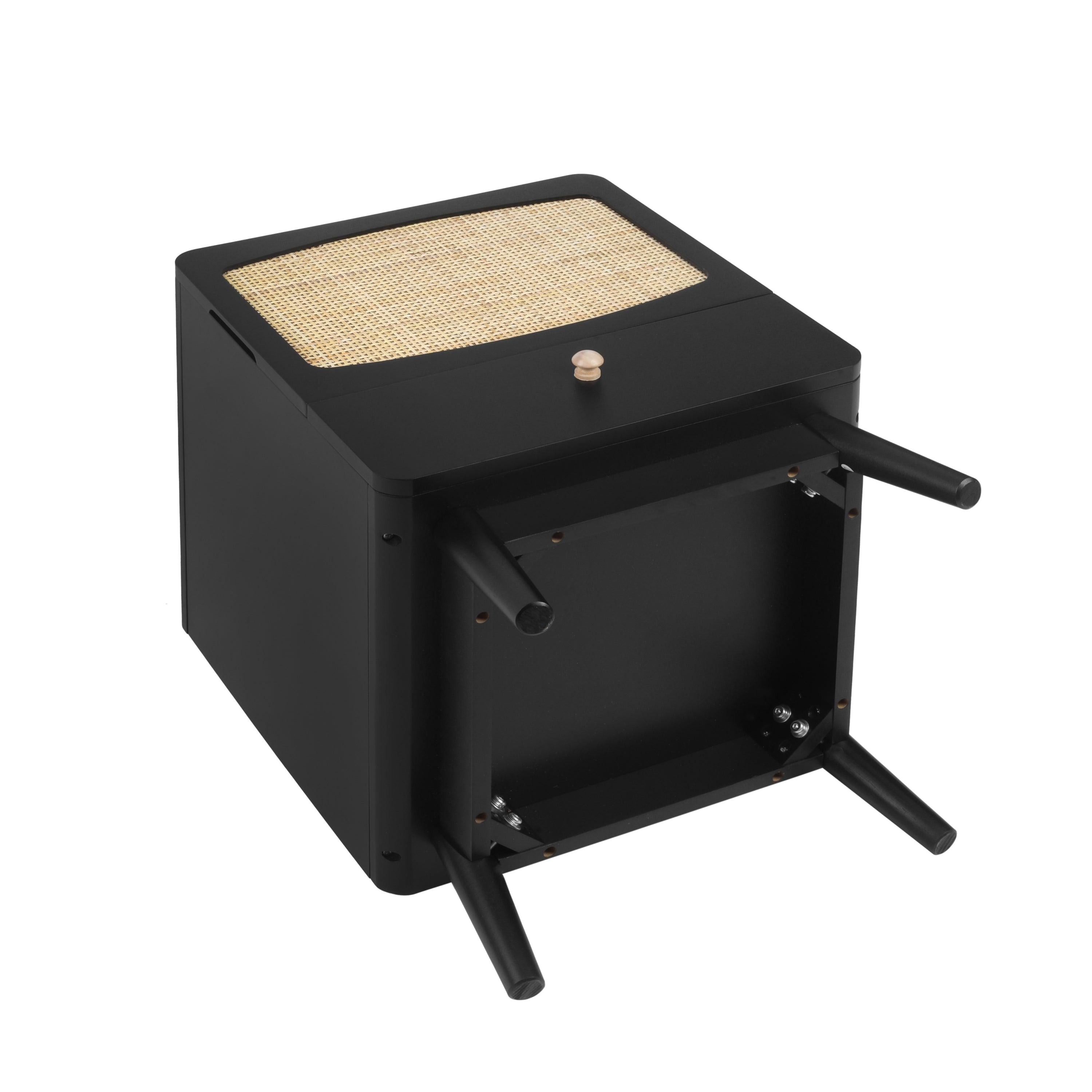 Black Nightstand,  Bedside Table withStorage Drawe/ Rattan Door