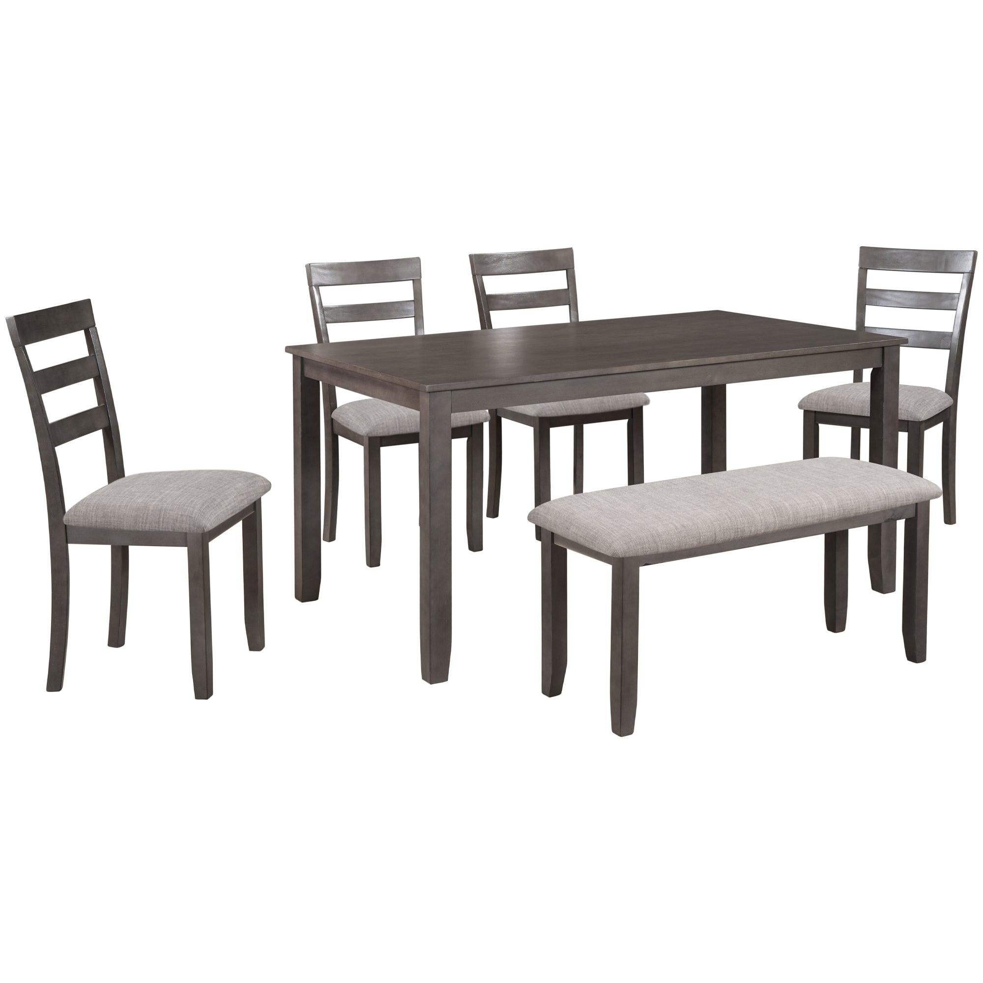 6-Piece Kitchen Simple Wooden Dining Table and Chair with Bench, Fabric Cushion (Gray)