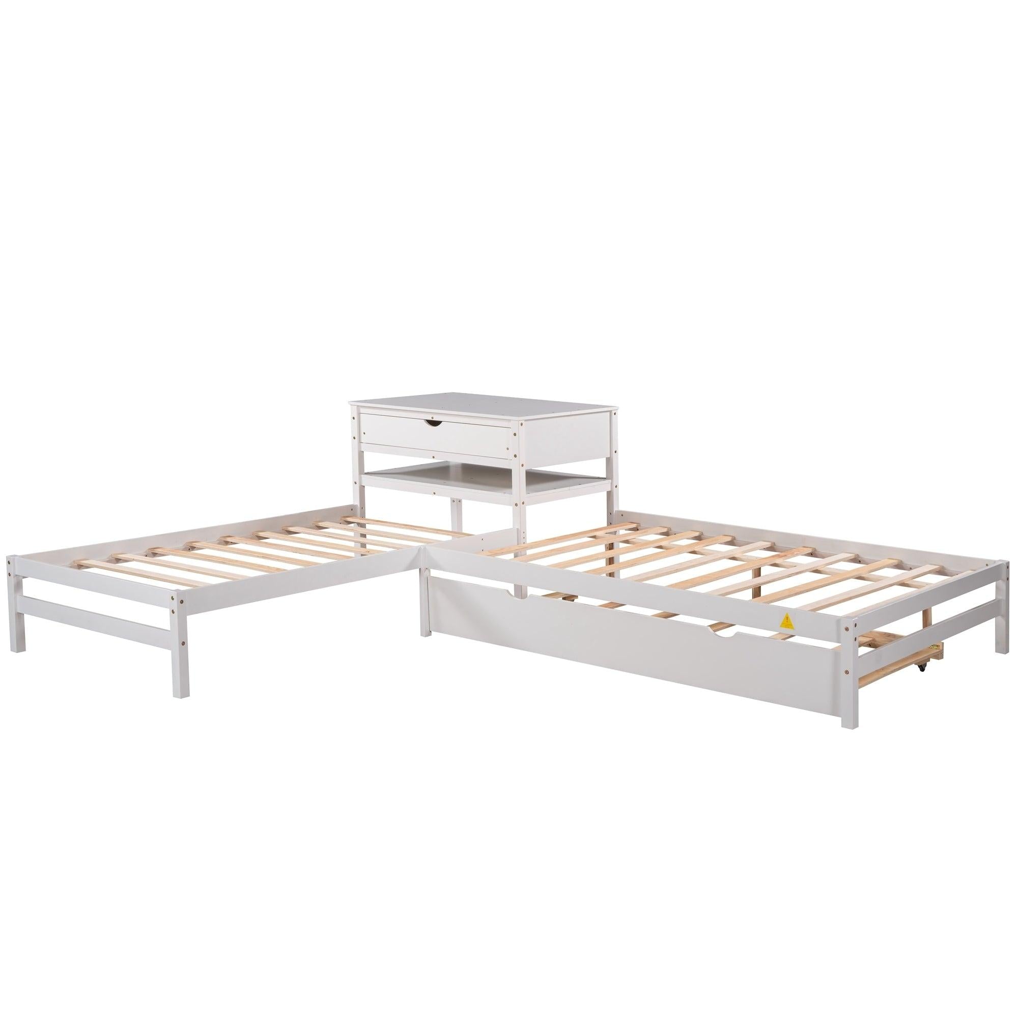 L-Shaped Full Size and Twin Size Platform Beds with Twin Size Trundle and Drawer Linked with Built-in Rectangle Table,White