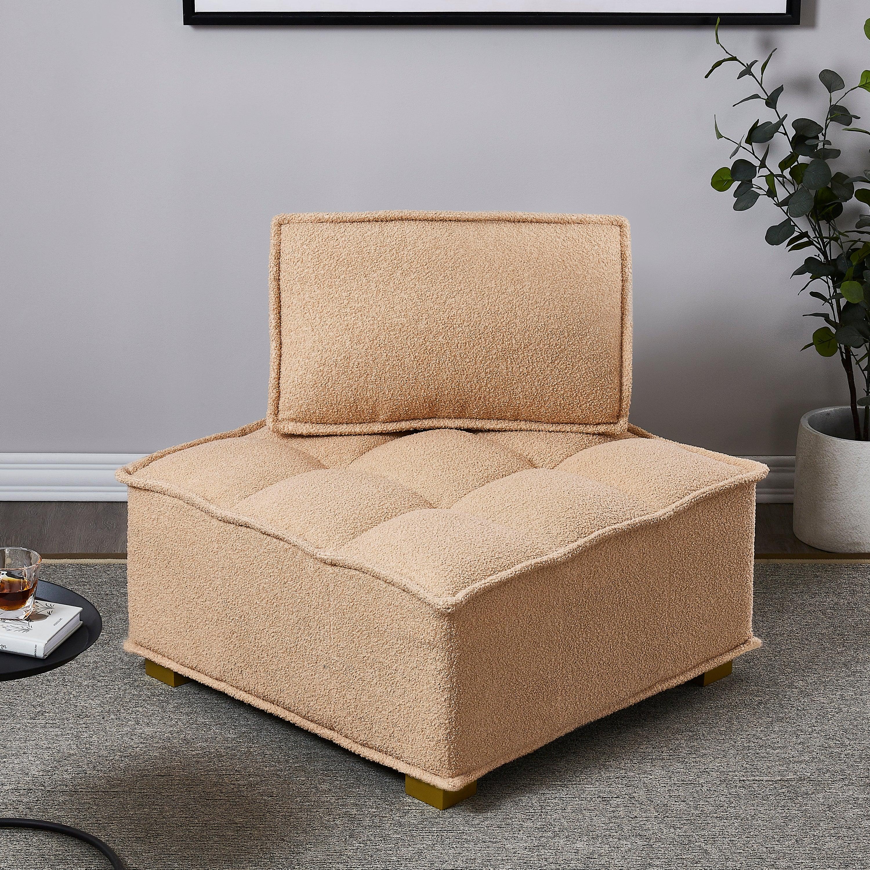 Lazy sofa ottoman with ld wooden legs teddy fabric (Khaki)