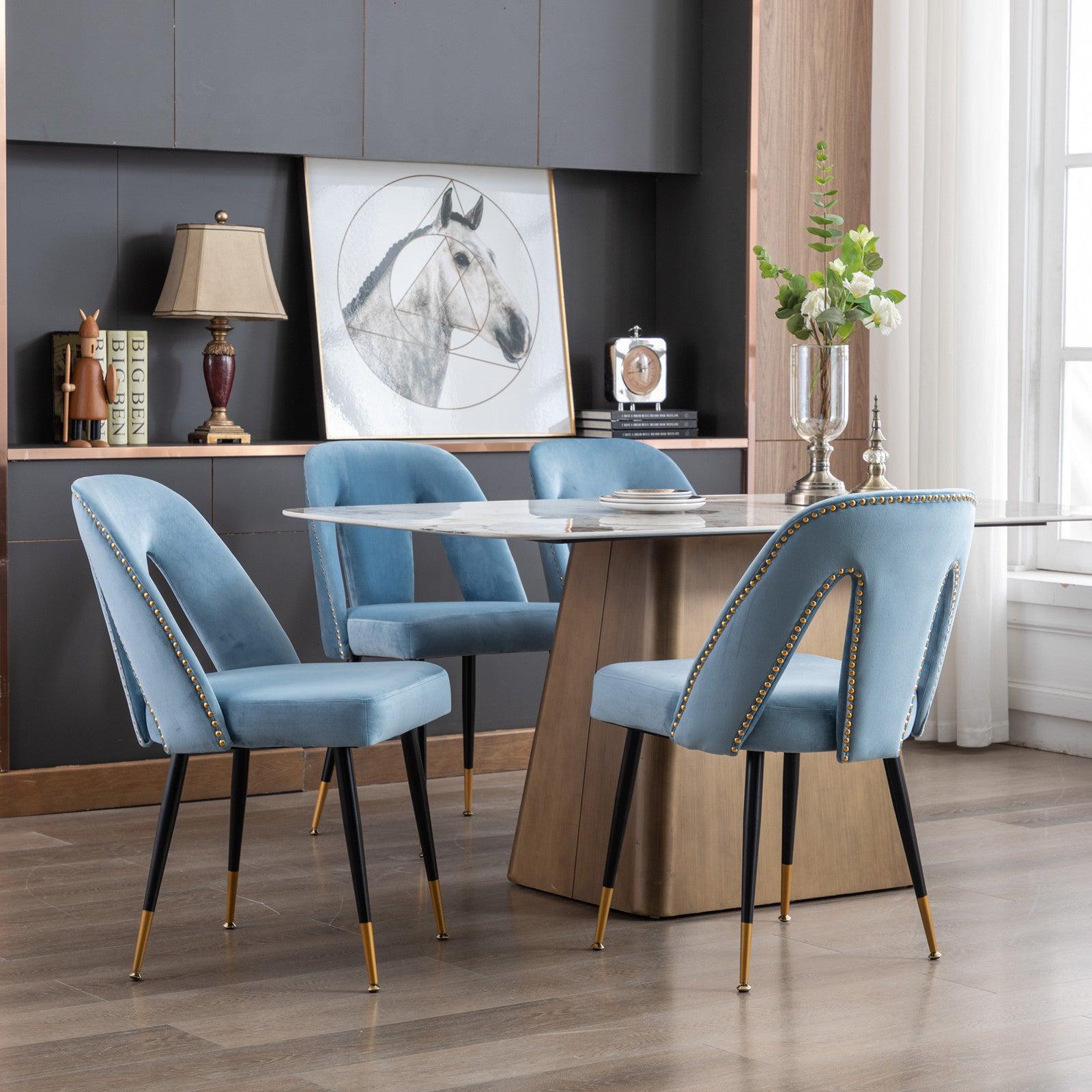 Akoya CollectionModern | Contemporary Velvet Upholstered Dining Chair with Nailheads and Gold Tipped Black Metal Legs, Light Blue，Set of 2