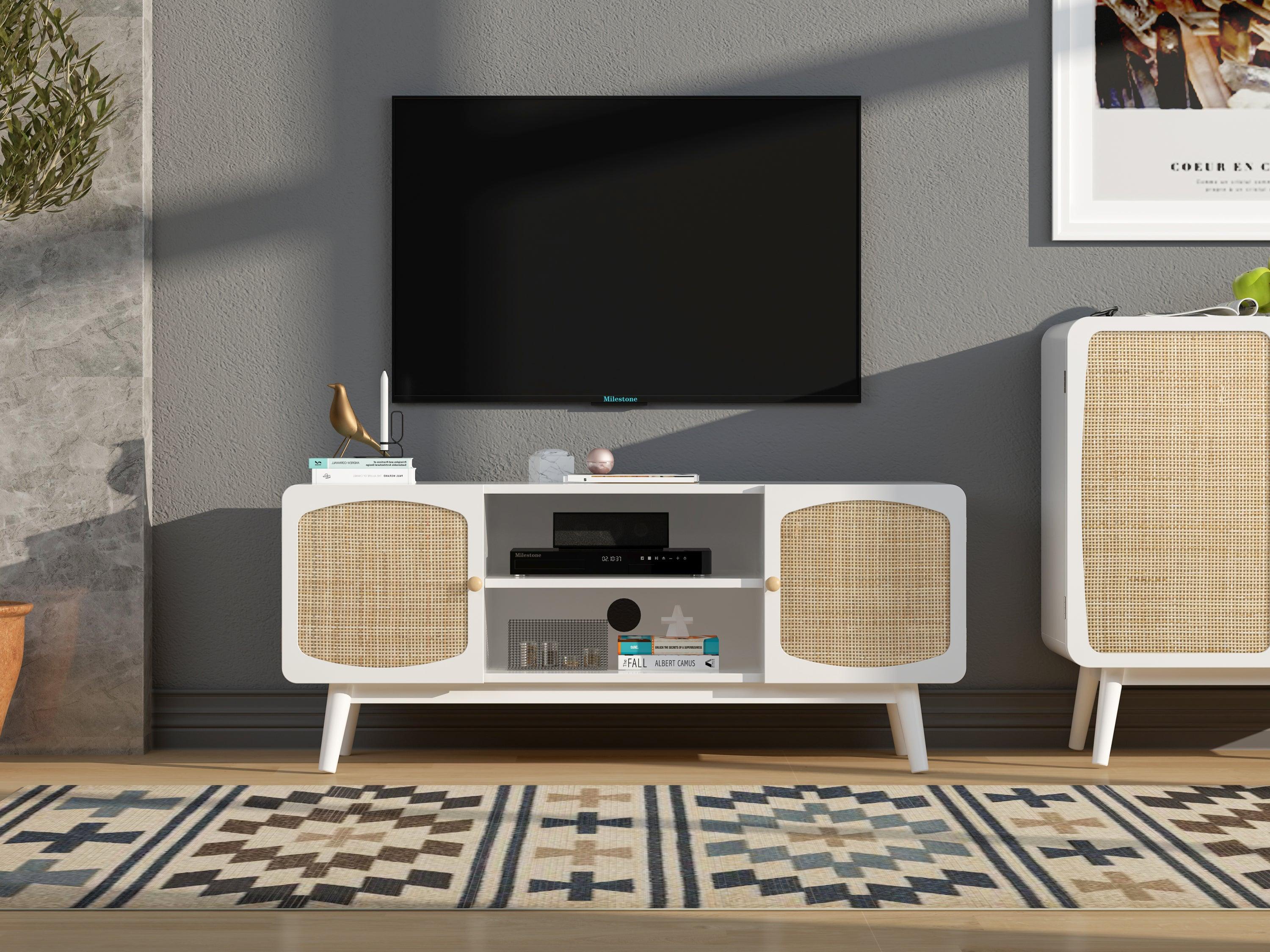 White TV Console with Rattan Door, Boho TV Stand for Bedroom, Living Room