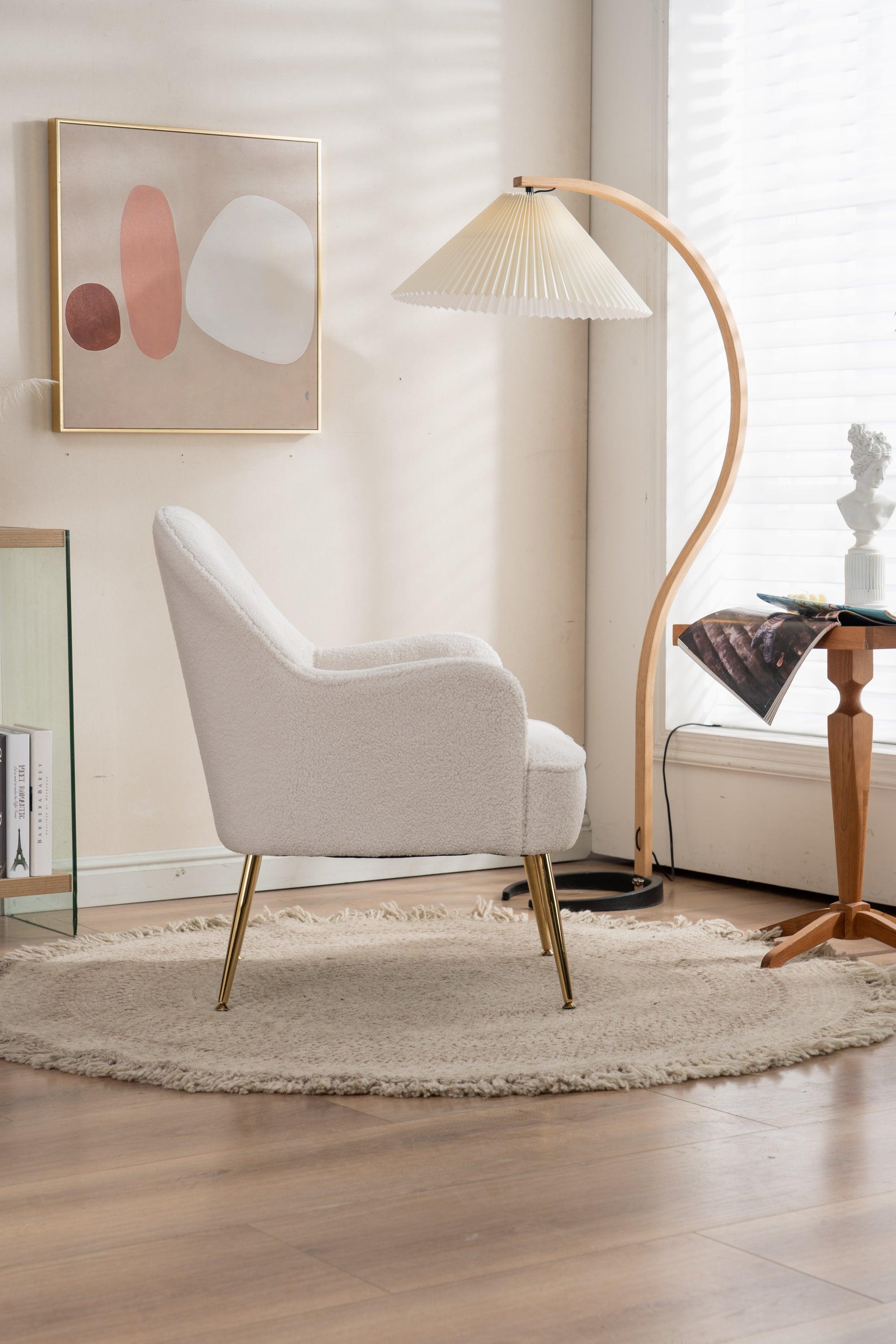 Modern Soft White Teddy fabric Ivory Ergonomics Accent Chair Living Room Chair Bedroom Chair Home Chair With Gold Legs And Adjustable Legs For Indoor Home