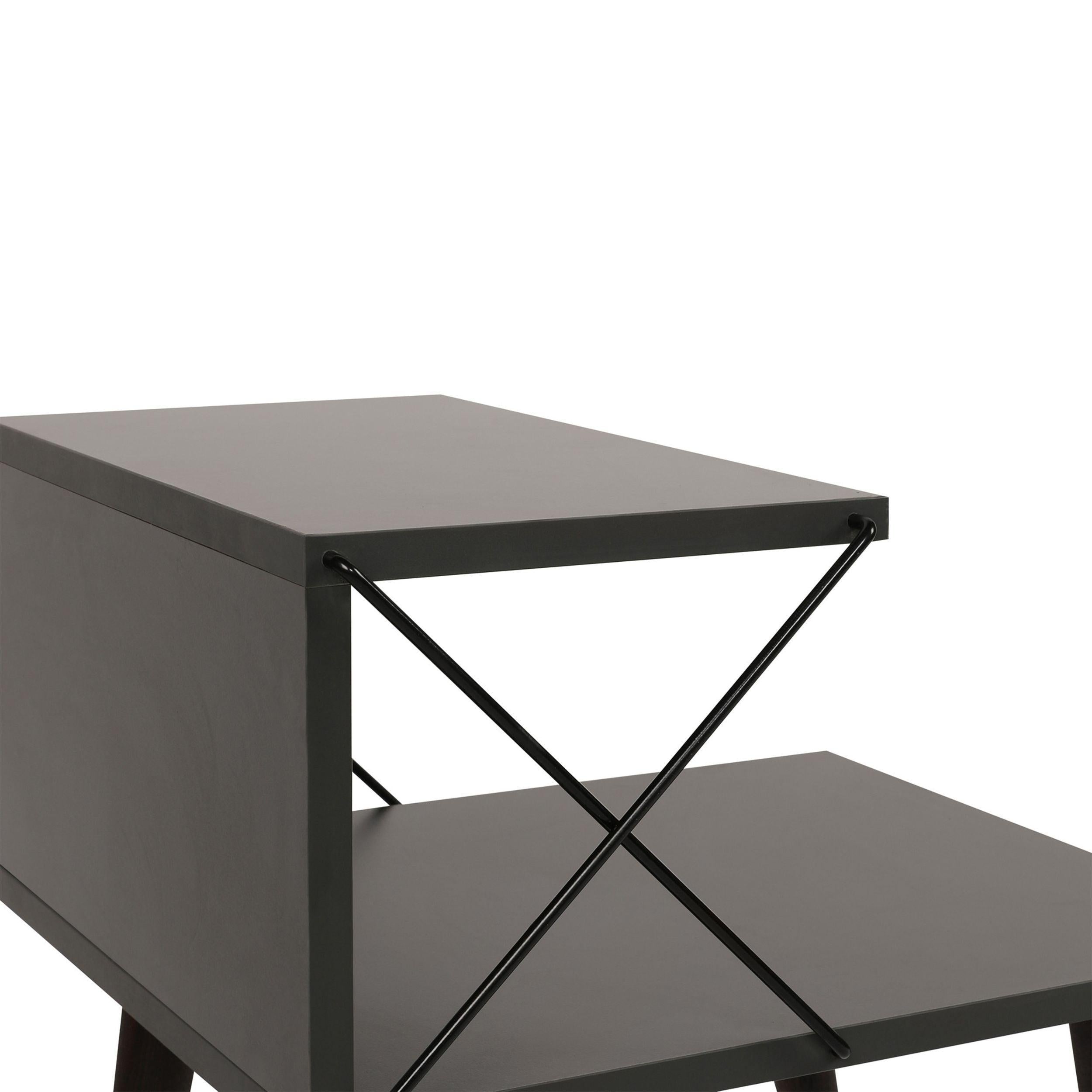 22 Inch Rectangular 2 Tier Wood  Nightstand Side Table, Crossed Metal Bar Frame, Angled Legs, Charcoal Gray, Brown