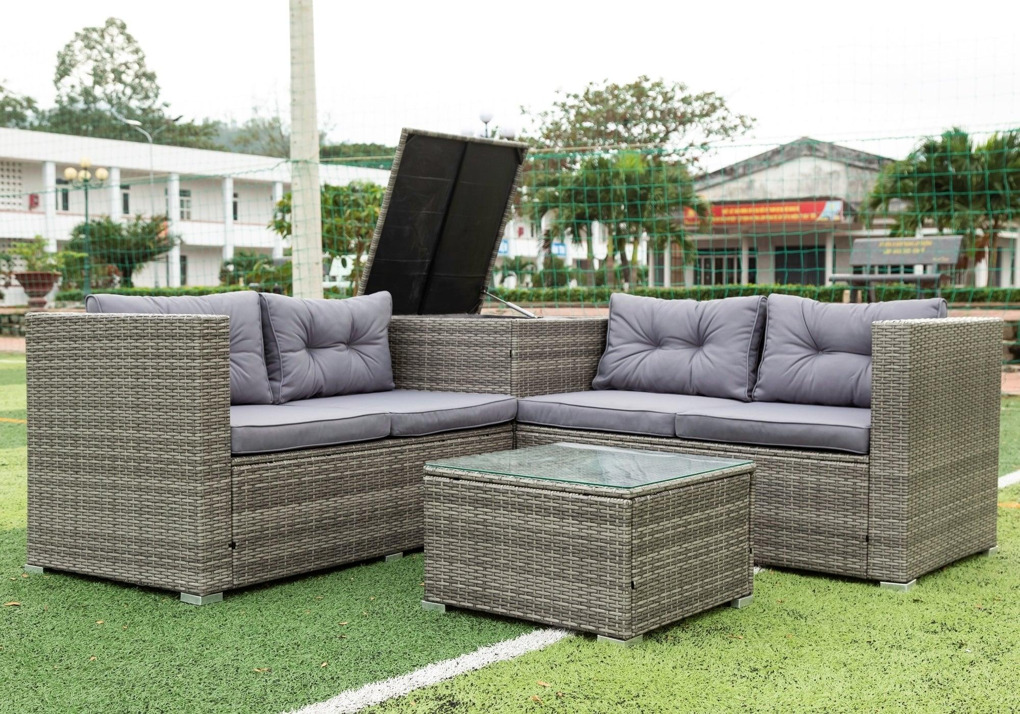 4 Piece Patio Sectional Wicker Rattan Outdoor Furniture Sofa Set withStorage Box Grey