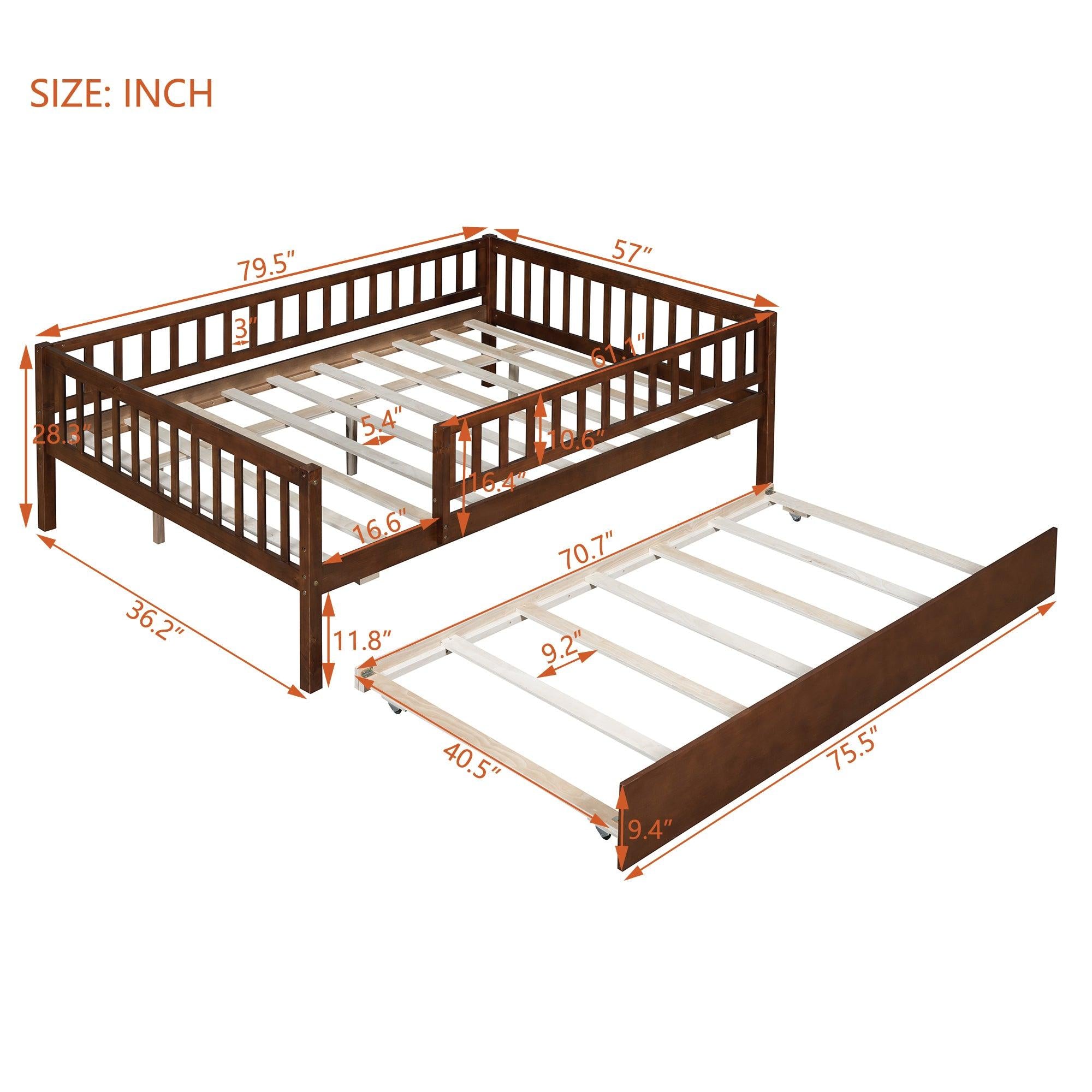 Full Size Wood Daybed with Trundle and Fence Guardrails, Walnut