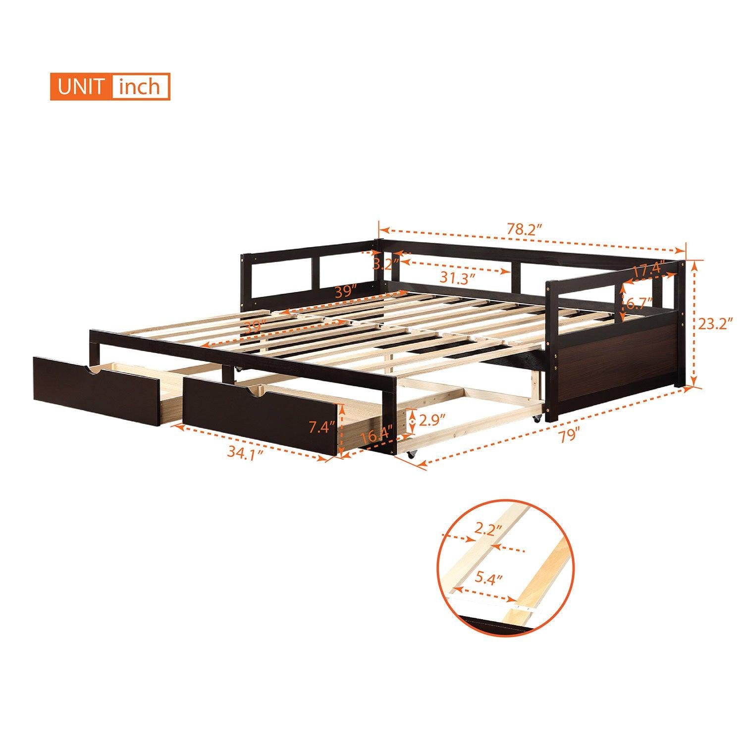 Wooden Daybed with Trundle Bed and TwoStorage Drawers , Extendable Bed Daybed,Sofa Bed for Bedroom Living Room,Espresso