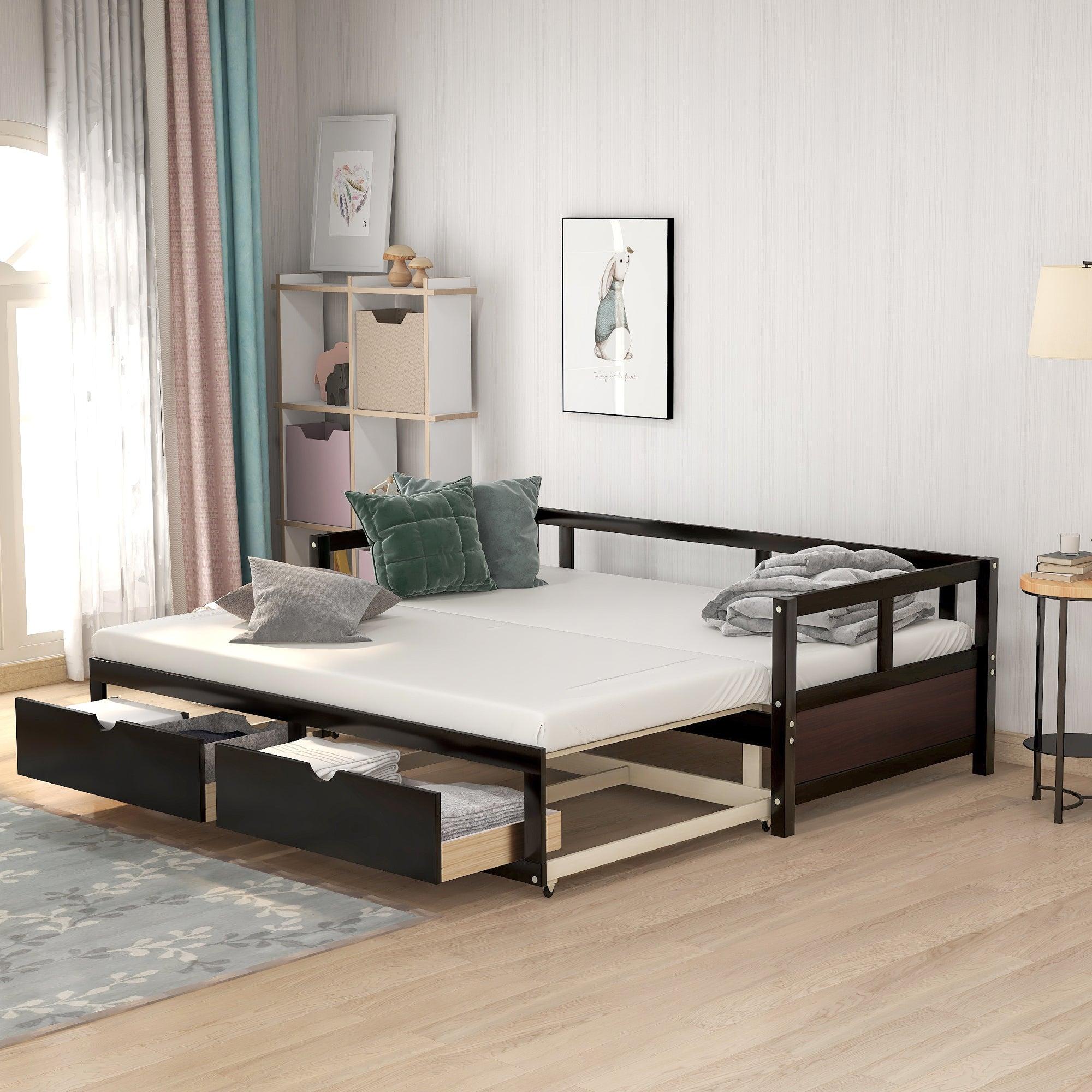 Wooden Daybed with Trundle Bed and TwoStorage Drawers , Extendable Bed Daybed,Sofa Bed for Bedroom Living Room,Espresso