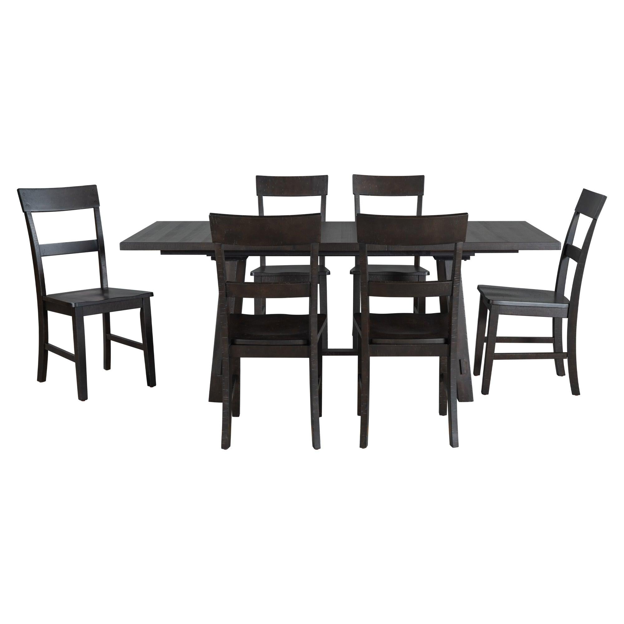 Retro Industrial Style 7-Piece Dining Table Set Extendable Table with 18” Leaf and Six Wood Chairs 
(Espresso)